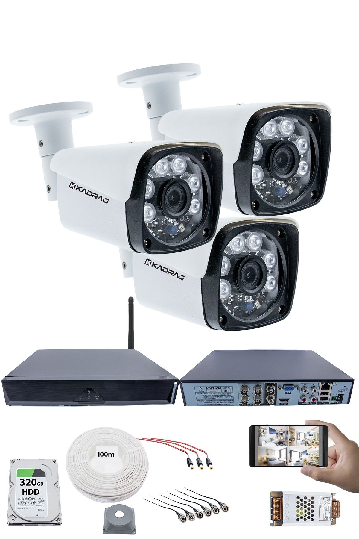Kadraj 3 Kameralı Güvenlik Seti - 5MP Sony SecuLens, 1080P Full HD AHD, Gece Görüşlü, 6 Atom LED, 5MP DVR + WiFi Adaptörü, V1"
