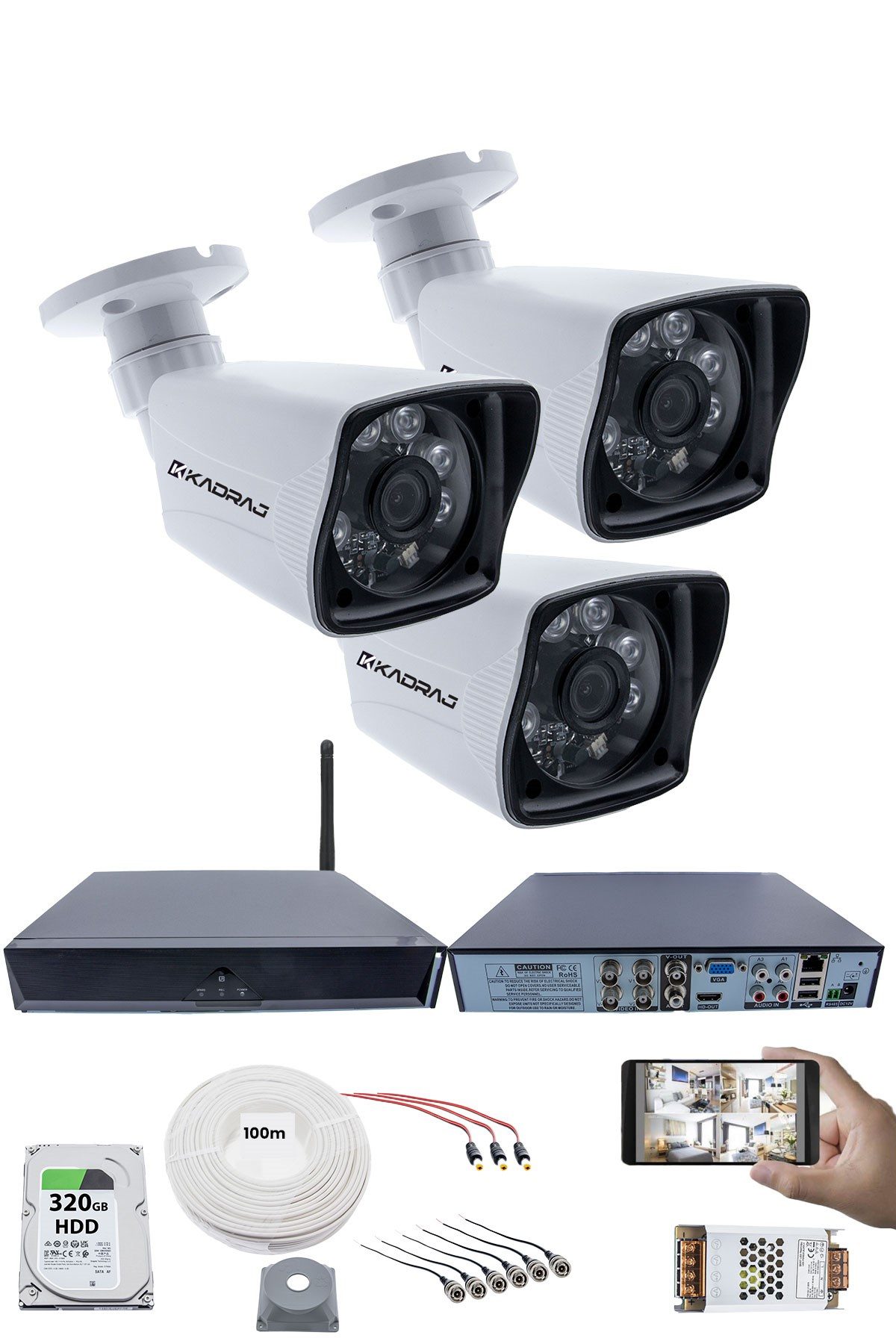 Kadraj 3 Kameralı Güvenlik Seti - 5MP Sony SecuLens, 1080P Full HD AHD, 6 Atom LED, Gece Görüşü, Su Geçirmez, 5MP DVR + WiFi Adaptörü, V1