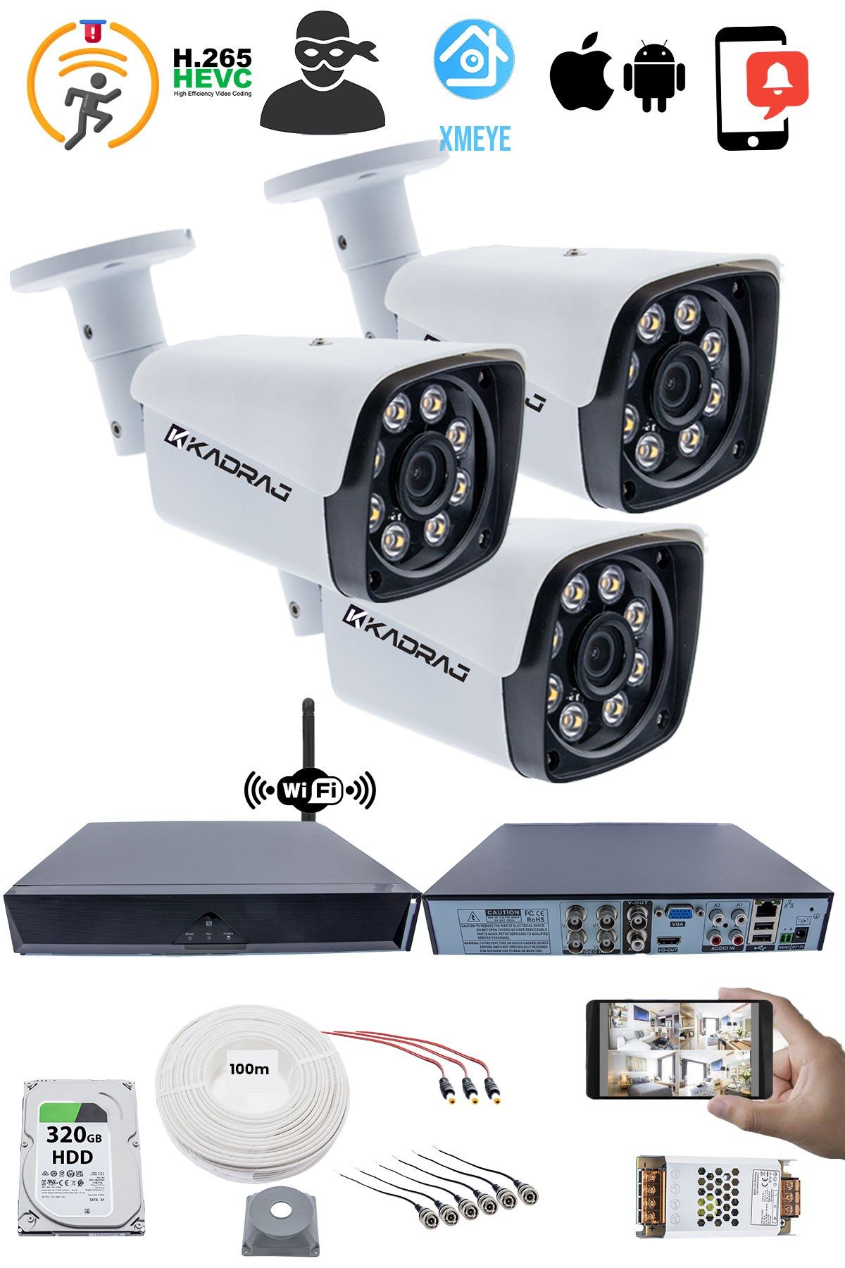 Kadraj 3 Kameralı Güvenlik Seti - 5MP Sony SecuLens, 1080p Full HD AHD, Gece Renkli, 8 Ultra Warm LED, 5MP DVR + WiFi Adaptörü, V1 - görsel 2