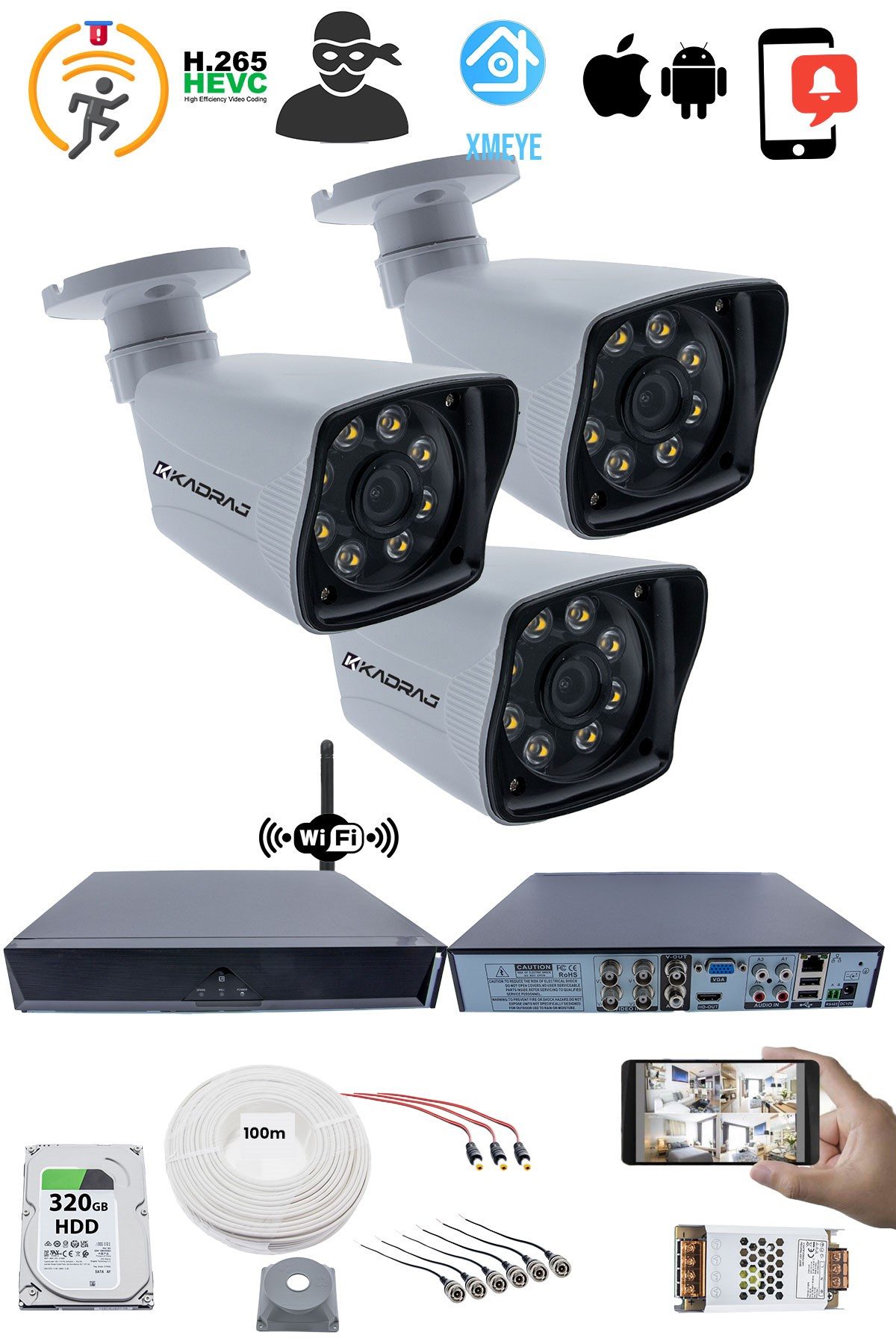 Kadraj 3 Kameralı Güvenlik Seti - 5MP Sony SecuLens, 1080p Full HD AHD, 8 Ultra Warm LED, Gece Renkli Görüş, 5MP DVR + WiFi Adaptörü, V1 - görsel 2