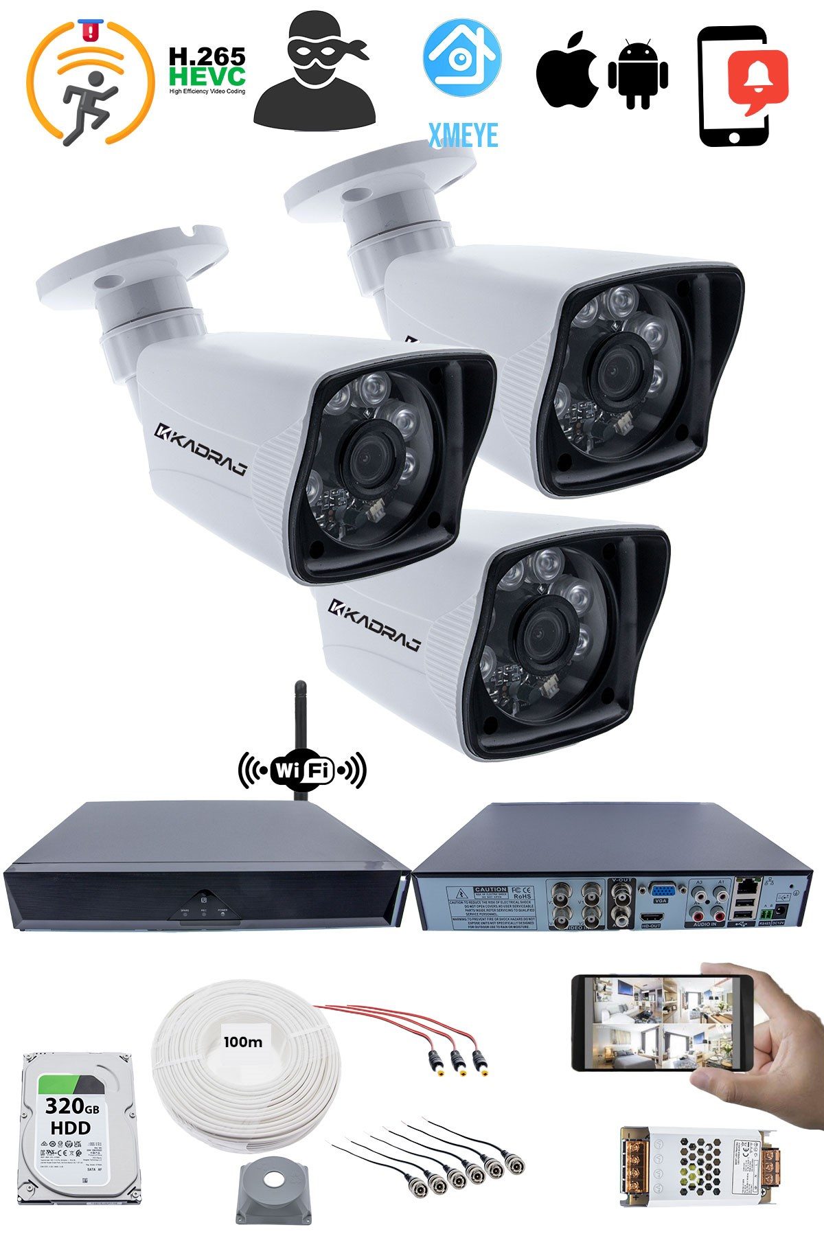Kadraj 3 Kameralı Güvenlik Seti - 5MP Sony SecuLens, 1080P Full HD AHD, 6 Atom LED, Gece Görüşü, Su Geçirmez, 5MP DVR + WiFi Adaptörü, V1 - görsel 2
