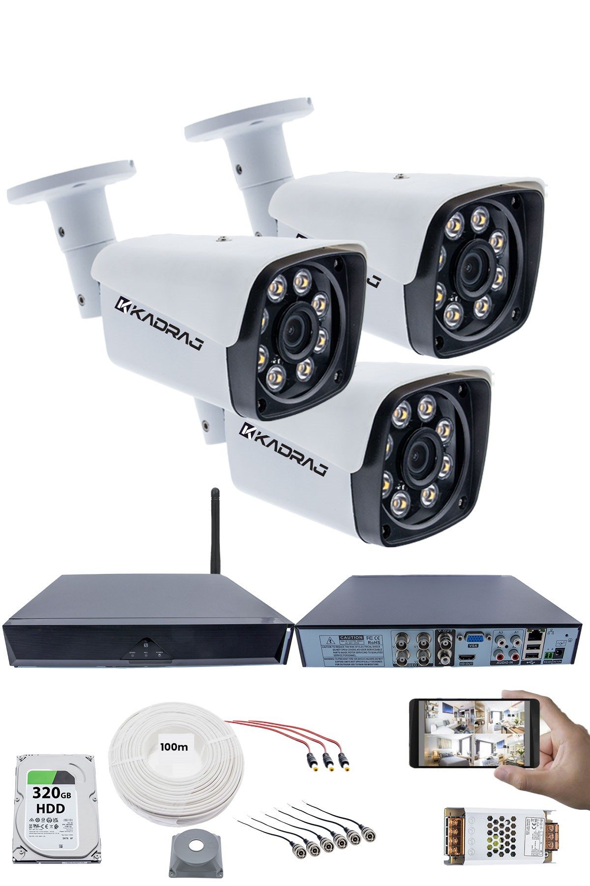 Kadraj 3 Kameralı Güvenlik Seti - 5MP Sony SecuLens, 1080p Full HD AHD, Gece Renkli, 8 Ultra Warm LED, 5MP DVR + WiFi Adaptörü, V1