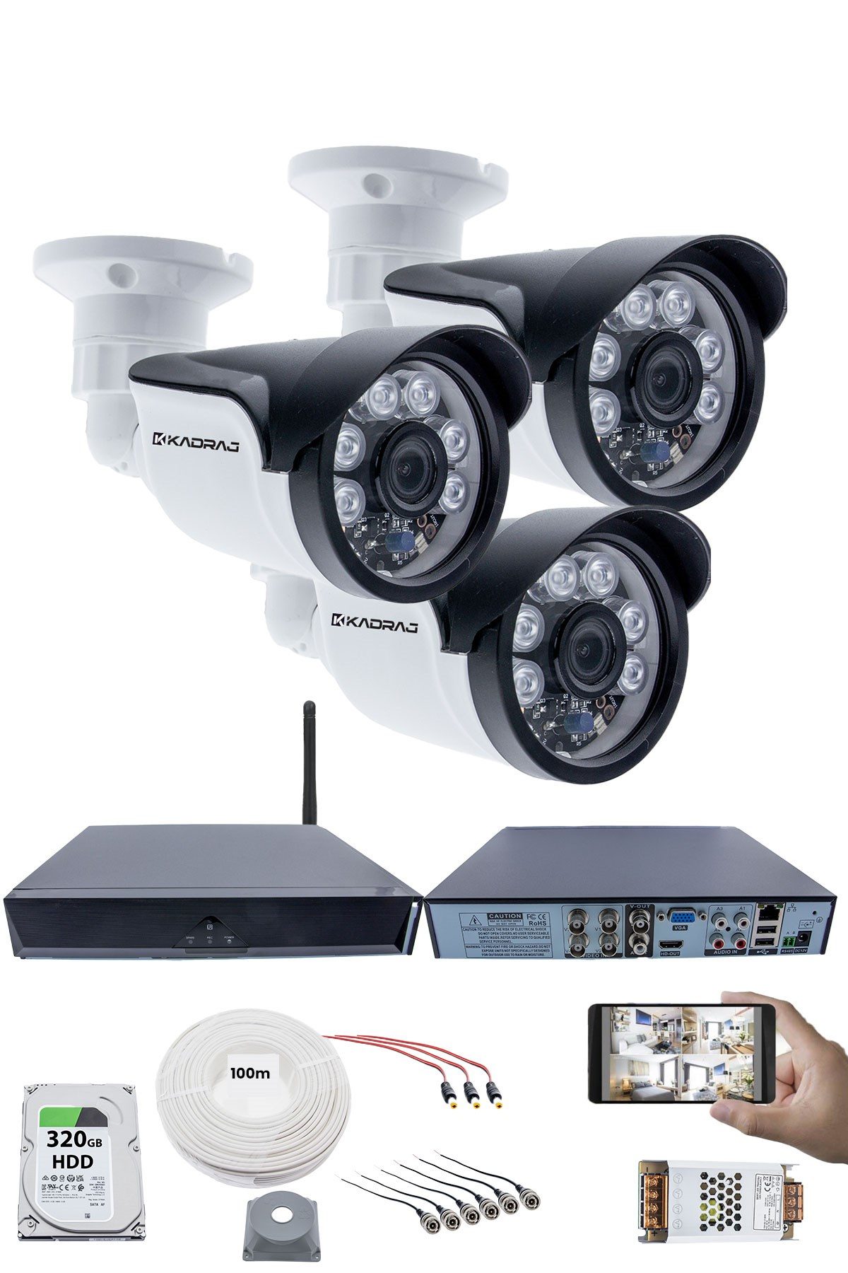 Kadraj 3 Kameralı Güvenlik Seti - 5MP Sony SecuLens, 1080p Full HD AHD, Gece Görüşlü, 6 Atom LED, IP66, 5MP DVR + WiFi Adaptörü, V1