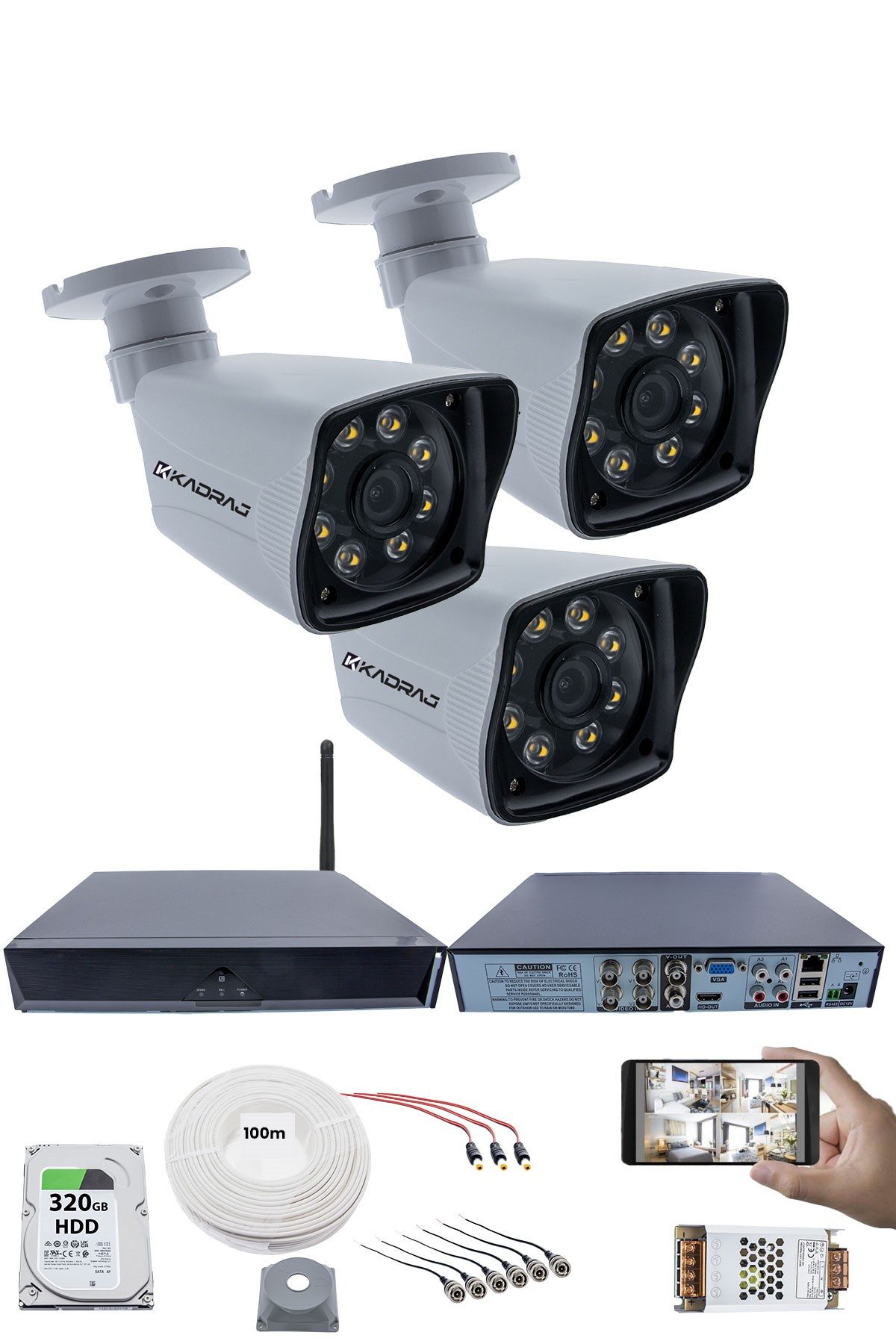 Kadraj 3 Kameralı Güvenlik Seti - 5MP Sony SecuLens, 1080p Full HD AHD, 8 Ultra Warm LED, Gece Renkli Görüş, 5MP DVR + WiFi Adaptörü, V1