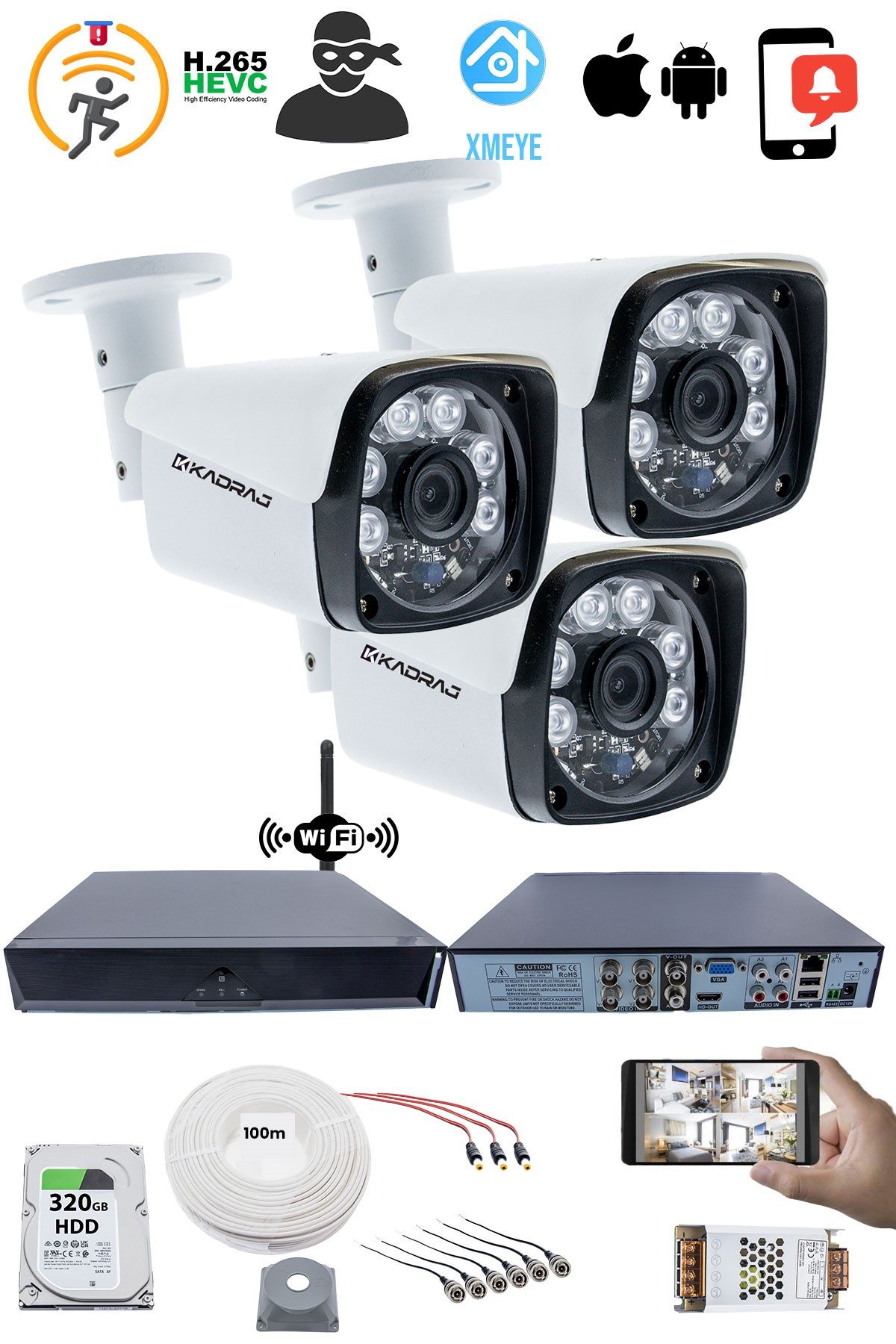 Kadraj 3 Kameralı Güvenlik Seti - 5MP Sony SecuLens, 1080P Full HD AHD, Gece Görüşlü, 6 Atom LED, 5MP DVR + WiFi Adaptörü, V1" - görsel 2