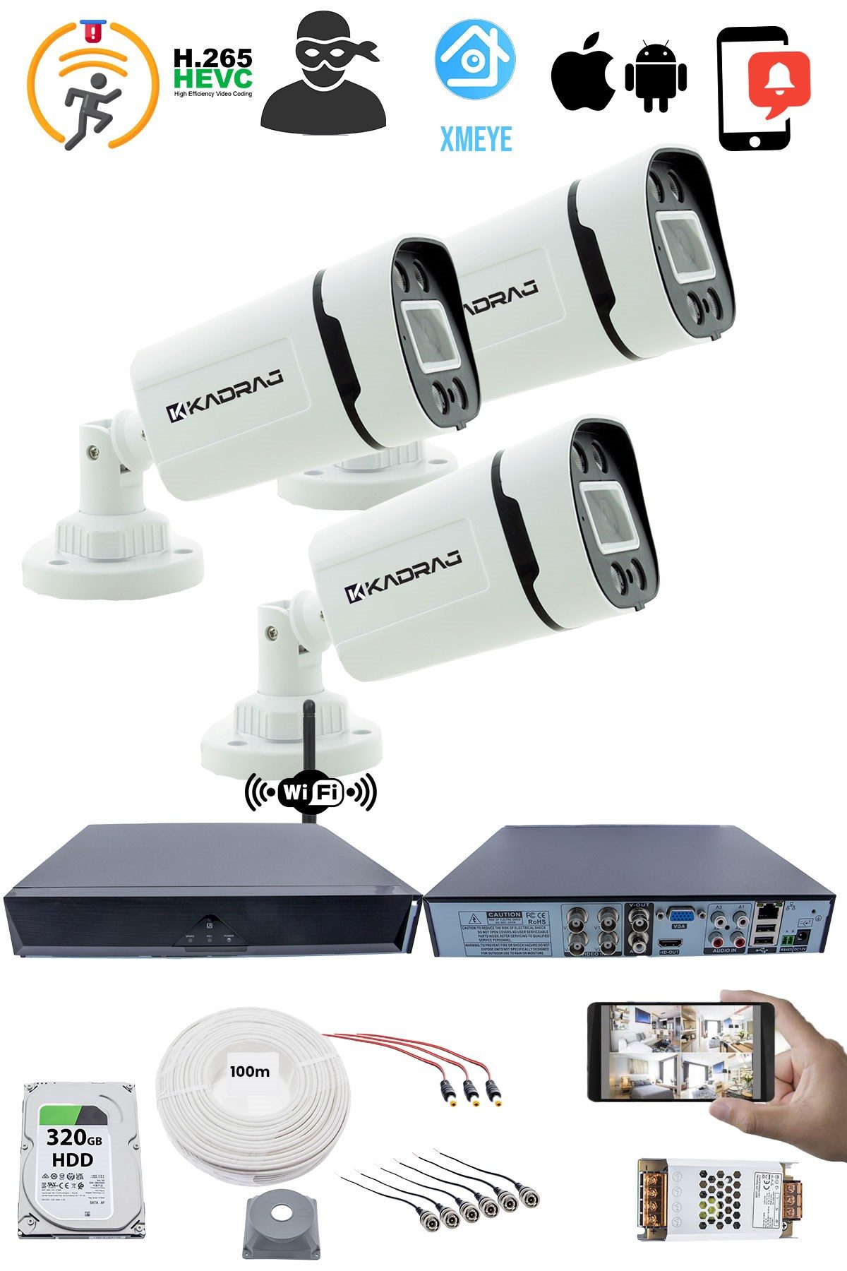 Kadraj 3 Kameralı Güvenlik Seti - Gece Renkli, 5MP Sony SecuLens, 1080p Full HD AHD, 4 Warm LED, 5MP DVR + WiFi Adaptörü, V1" - görsel 2
