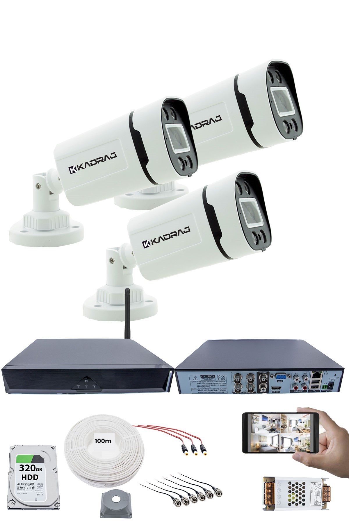 Kadraj 3 Kameralı Güvenlik Seti - Gece Renkli, 5MP Sony SecuLens, 1080p Full HD AHD, 4 Warm LED, 5MP DVR + WiFi Adaptörü, V1"