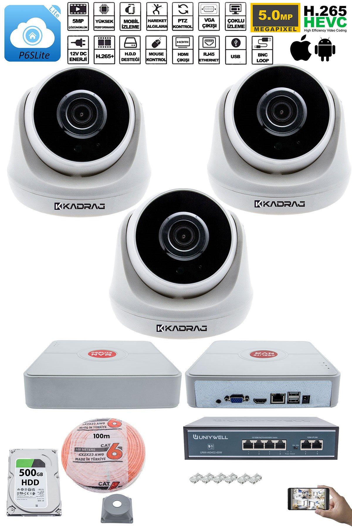 Kadraj 3 Kameralı IP Dome Güvenlik Kamerası Seti | 4MP Ultra HD, 30m Gece Görüş, Ses Alma, Uzaktan İzleme - görsel 2