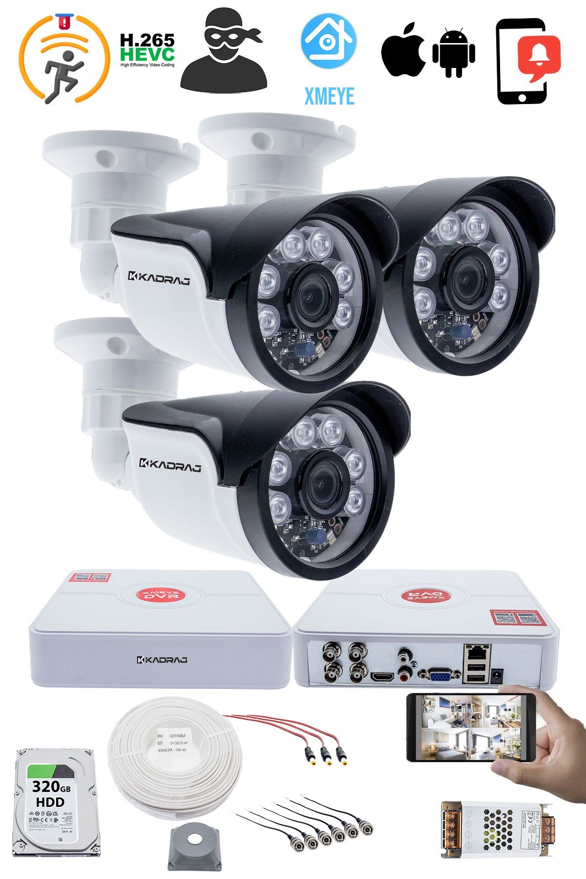 Kadraj 3 Kameralı Set - 5MP Sony SecuLens, 1080p Full HD AHD, Gece Görüşlü, 6 Atom LED, IP66 Plastik Kasa - görsel 2