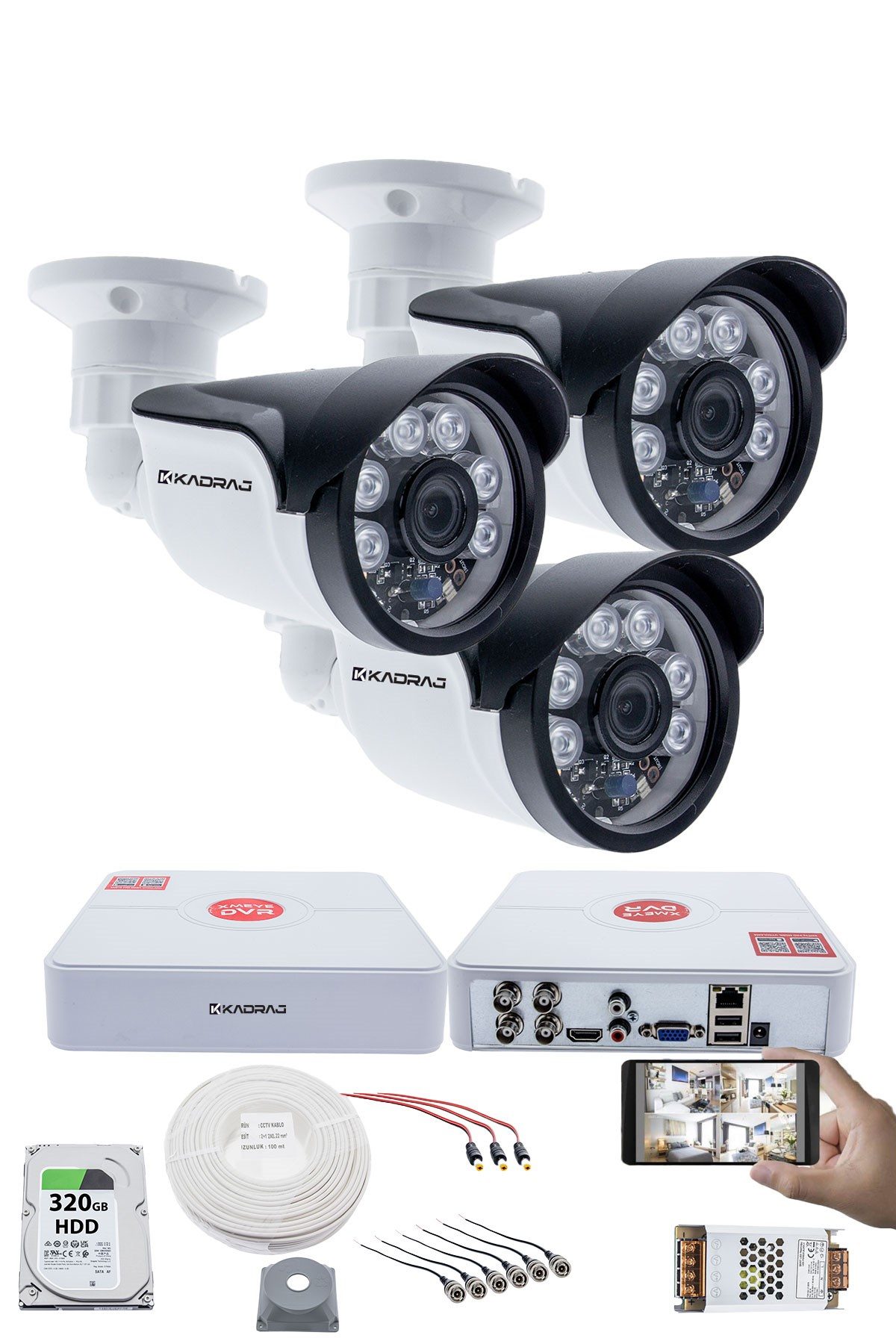 Kadraj 3 Kameralı Set - 5MP Sony SecuLens, 1080p Full HD AHD, Gece Görüşlü, 6 Atom LED, IP66 Plastik Kasa