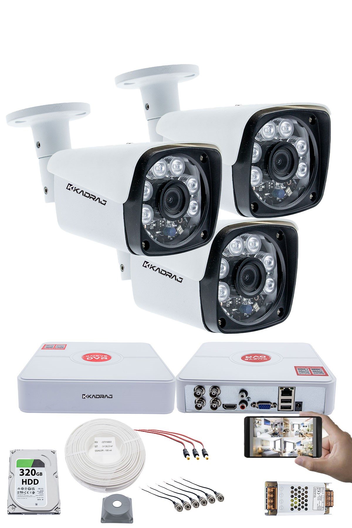 Kadraj 3 Kameralı Set - 5MP Sony SecuLens 1080P Full HD AHD Gece Görüşlü 6 Atom LED Güvenlik Kamerası Metal Kasa