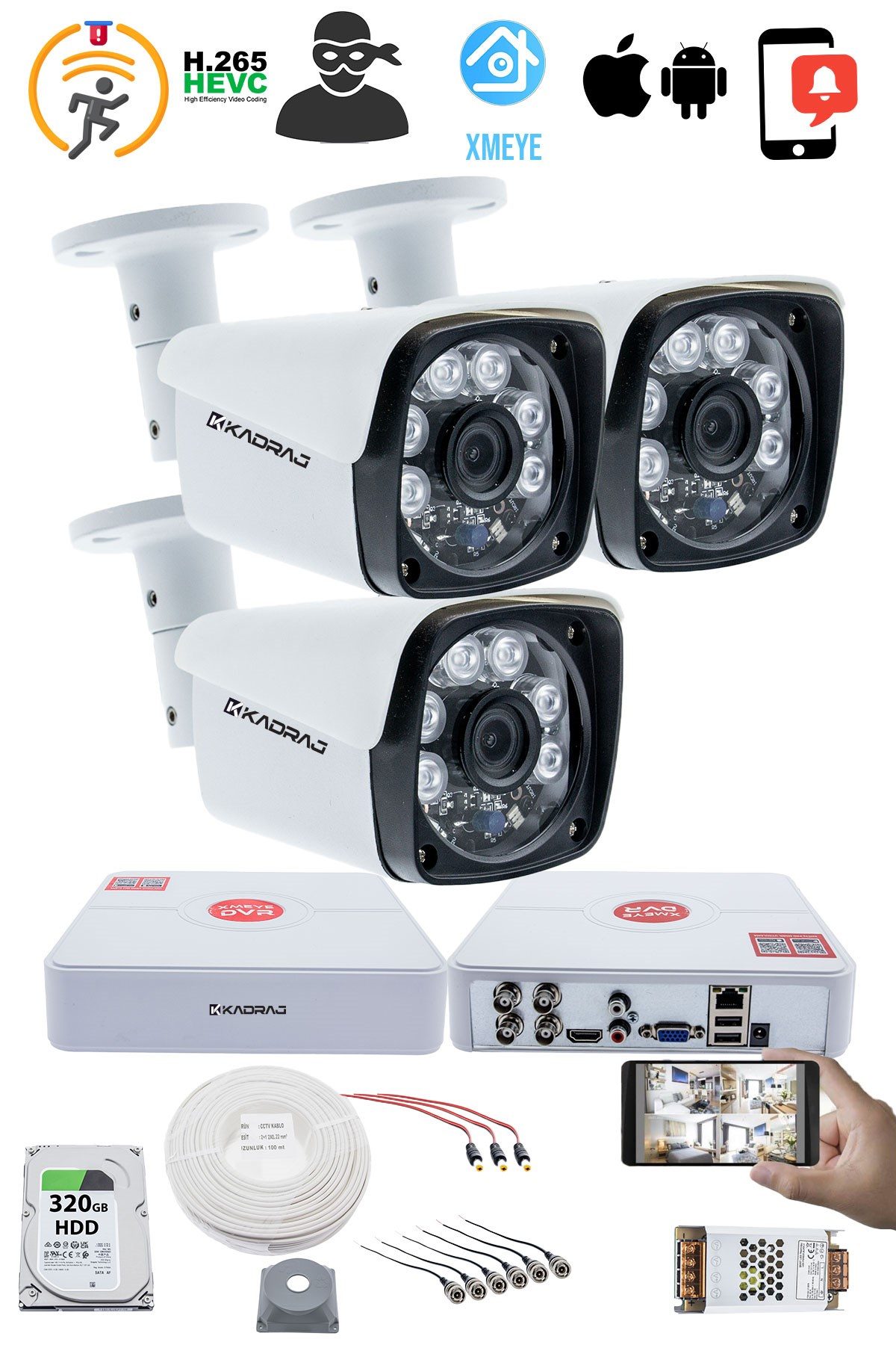 Kadraj 3 Kameralı Set - 5MP Sony SecuLens 1080P Full HD AHD Gece Görüşlü 6 Atom LED Güvenlik Kamerası Metal Kasa - görsel 2