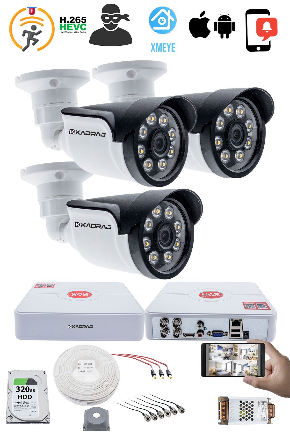 Kadraj 3 Kameralı Set - 5MP Sony SecuLensli, 1080p AHD, 8 Warm LED, Colorvu Gece Renkli Görüş, Full HD - görsel 2