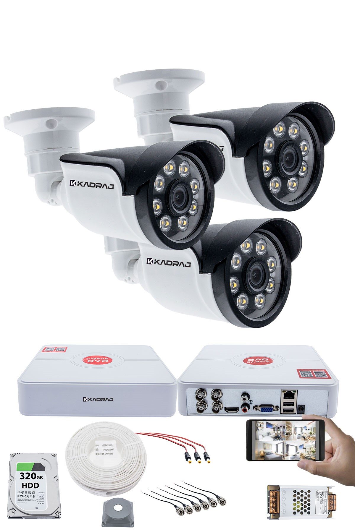 Kadraj 3 Kameralı Set - 5MP Sony SecuLensli, 1080p AHD, 8 Warm LED, Colorvu Gece Renkli Görüş, Full HD