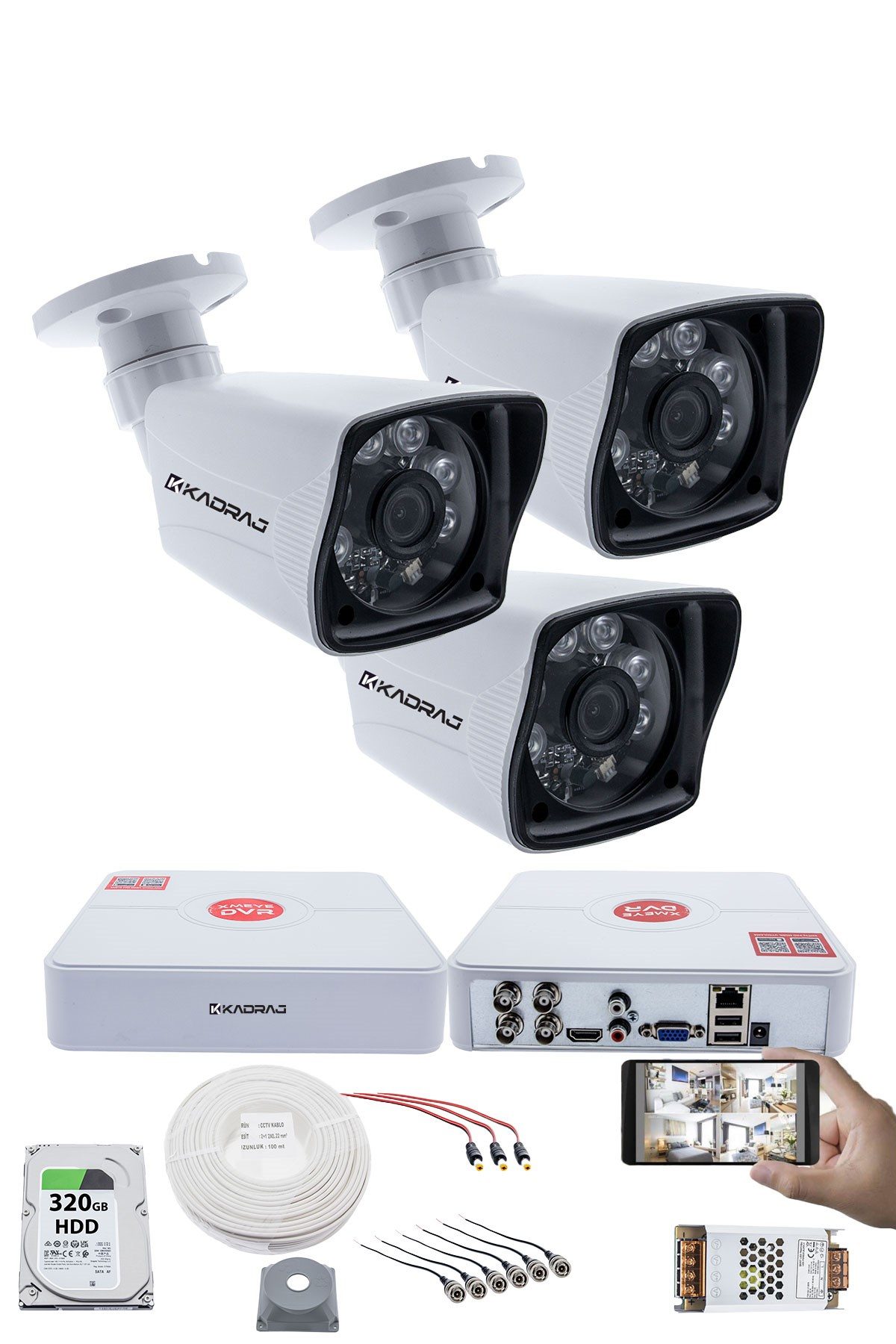 Kadraj 3 Kameralı Set 5MP Sony SecuLensli 1080P Full HD 6 Atom Led, AHD Güvenlik Kamerası Seti - Gece Görüş,Su Geçirmez,Plastik Kasa