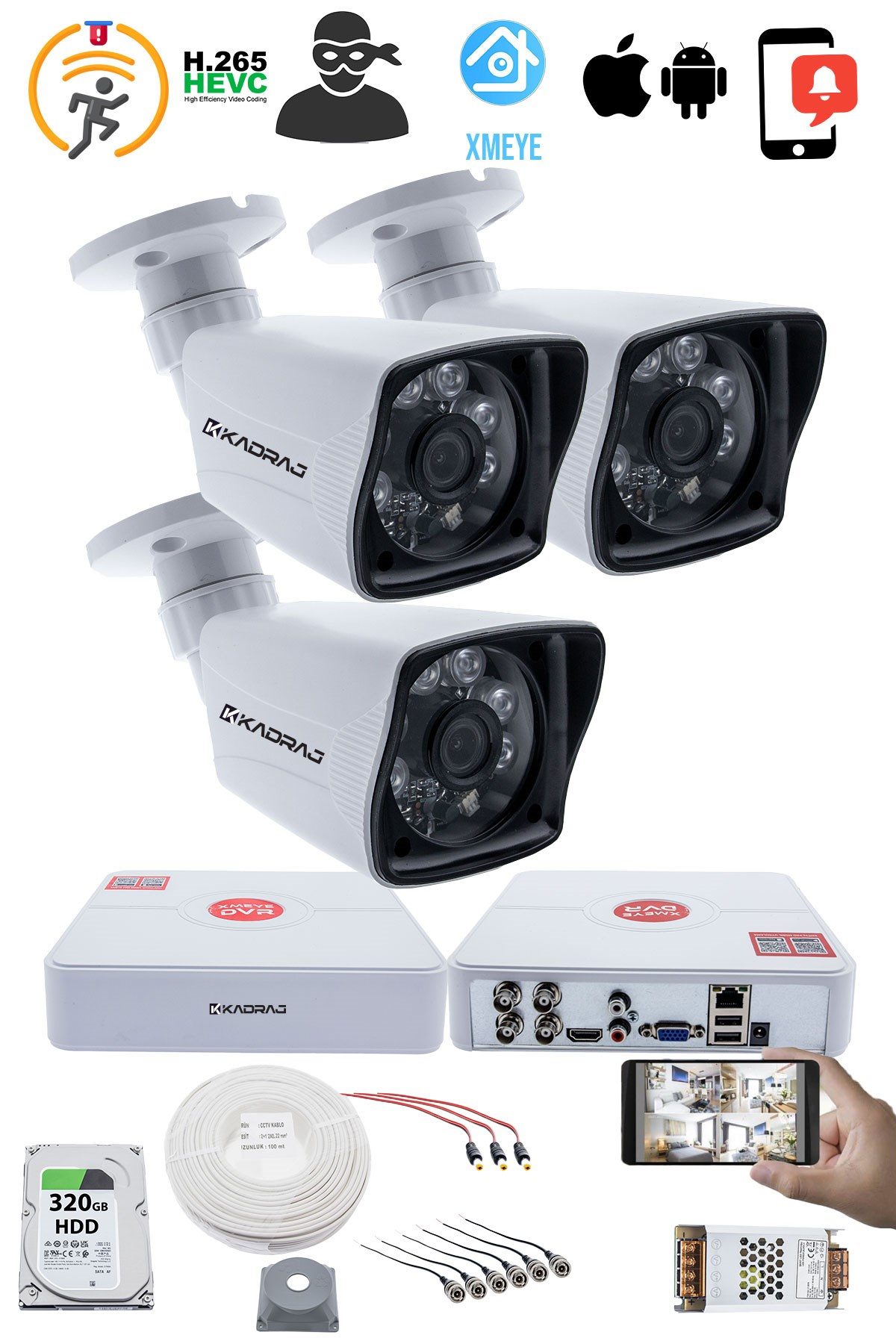 Kadraj 3 Kameralı Set 5MP Sony SecuLensli 1080P Full HD 6 Atom Led, AHD Güvenlik Kamerası Seti - Gece Görüş,Su Geçirmez,Plastik Kasa - görsel 2