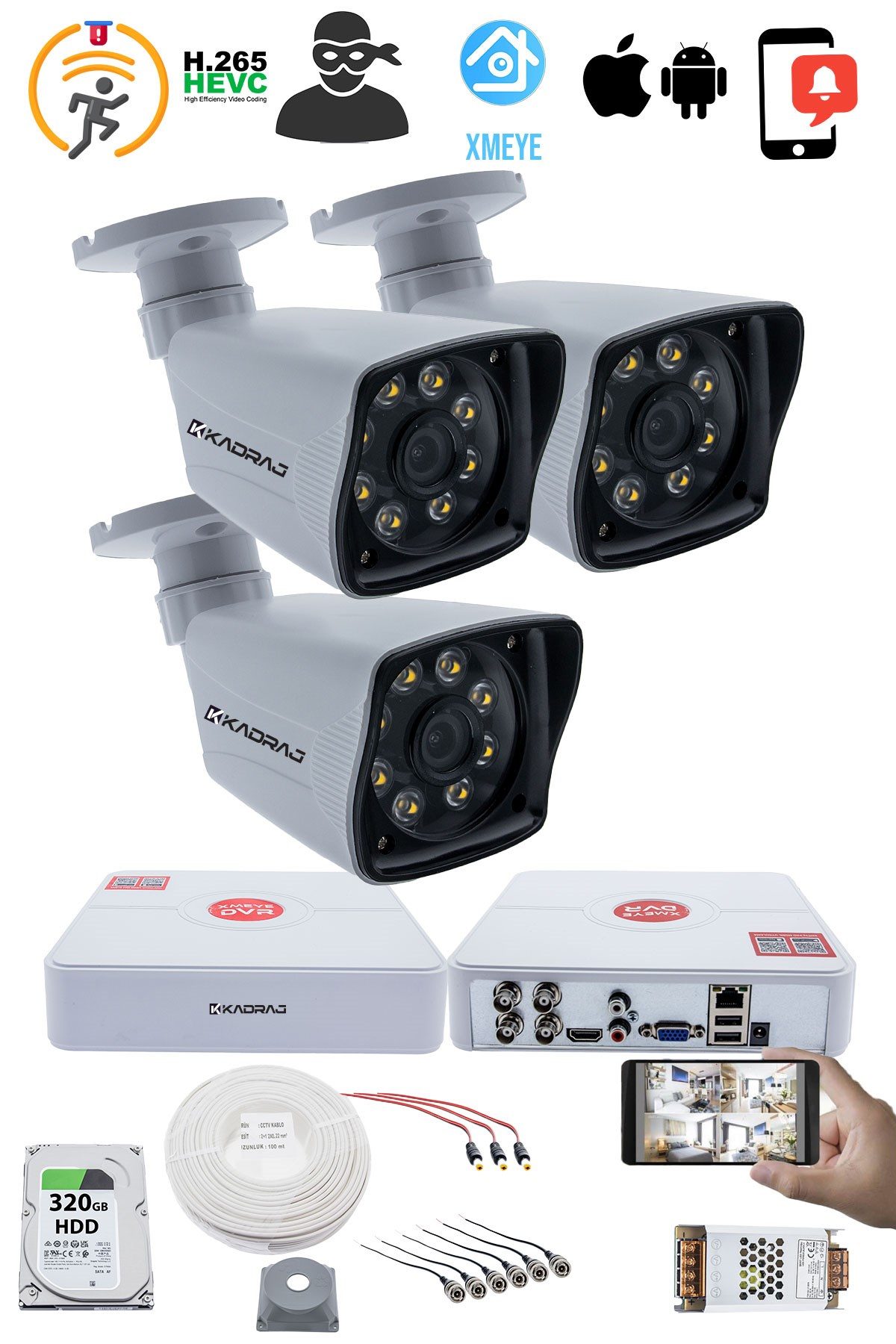 Kadraj 3 Kameralı Set 5MP Sony SecuLensli 1080p Full HD 8 Ultra Warm Led AHD Güvenlik Kamerası Seti - Gece Renkli, Colorvu Teknolojisi, Plastik Kasa - görsel 2