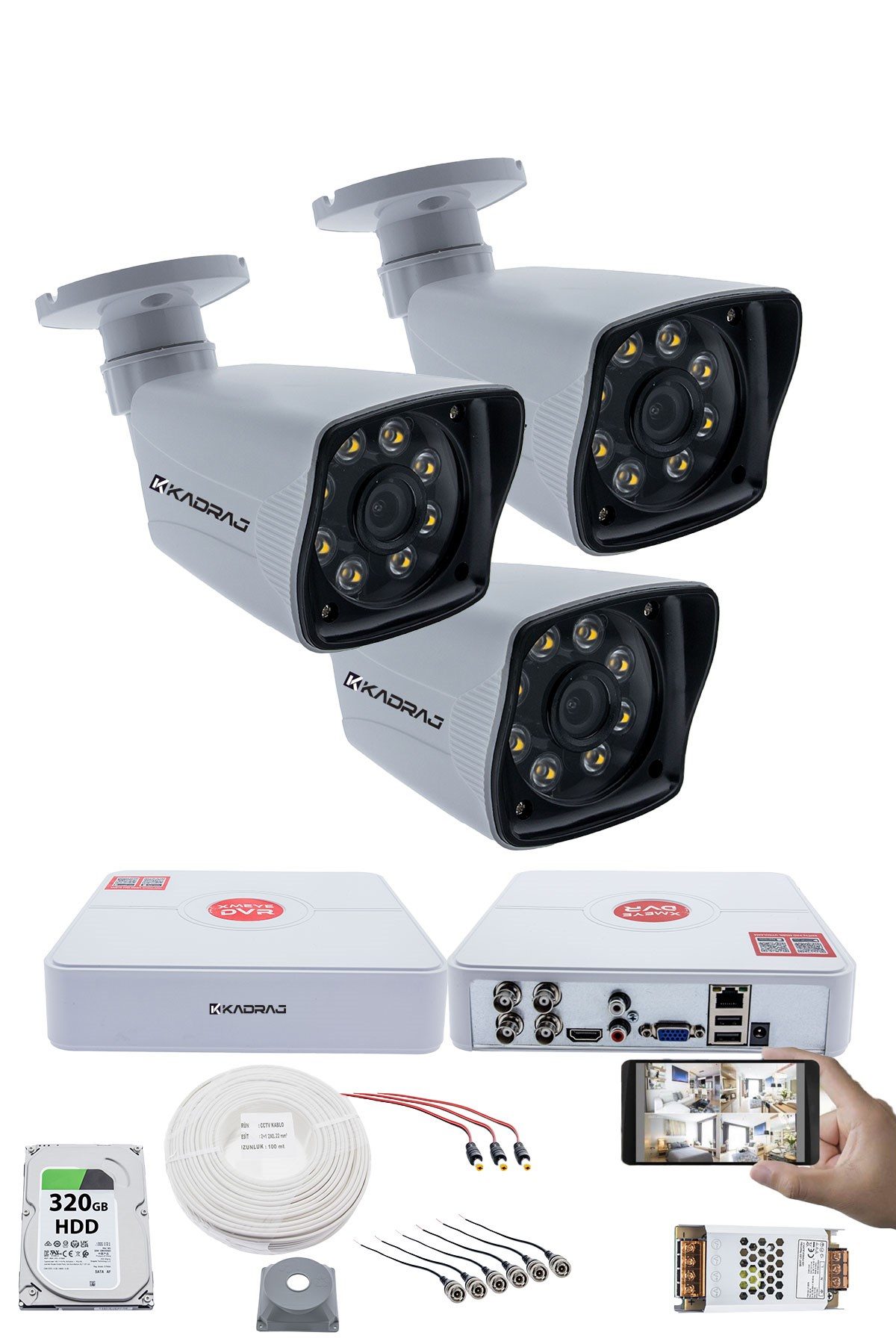 Kadraj 3 Kameralı Set 5MP Sony SecuLensli 1080p Full HD 8 Ultra Warm Led AHD Güvenlik Kamerası Seti - Gece Renkli, Colorvu Teknolojisi, Plastik Kasa