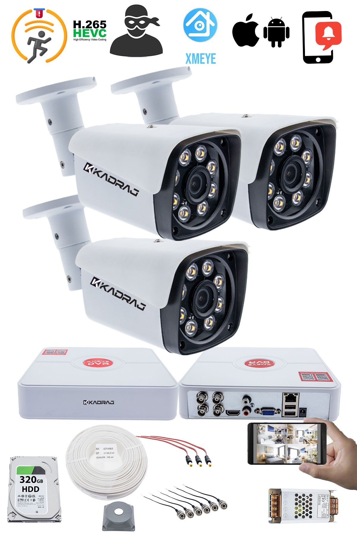 Kadraj 3 Kameralı Set - 5MP Sony SecuLensli 1080p Full HD AHD - Gece Renkli, 8 Ultra Warm Led, Colorvu Teknolojisi, Metal Aluminyum Kasa - görsel 2