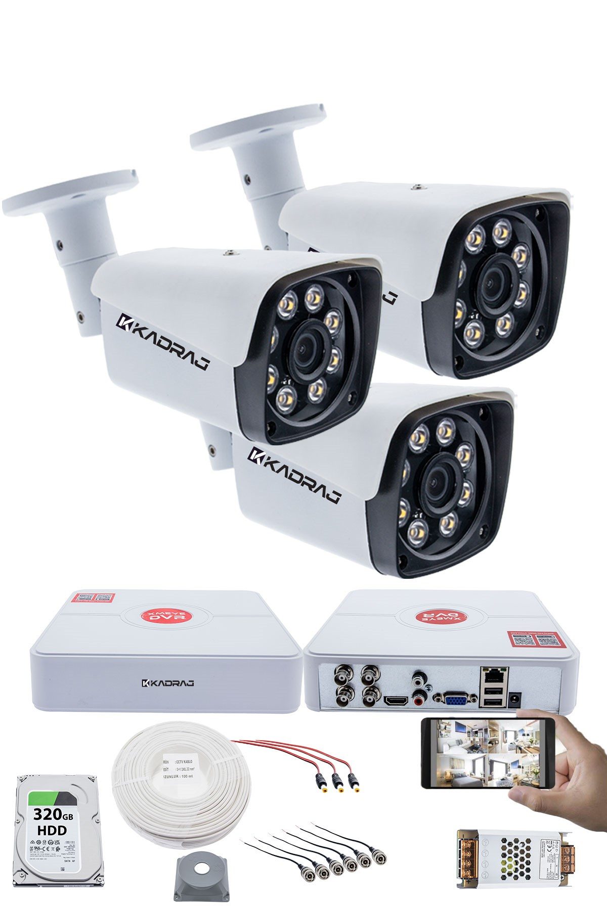 Kadraj 3 Kameralı Set - 5MP Sony SecuLensli 1080p Full HD AHD - Gece Renkli, 8 Ultra Warm Led, Colorvu Teknolojisi, Metal Aluminyum Kasa