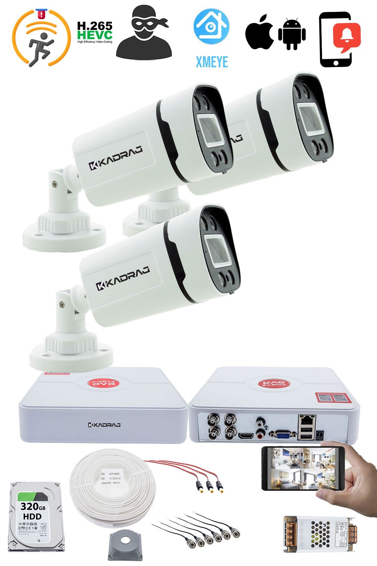 Kadraj 3 Kameralı Set - Gece Renkli 5MP Sony SecuLensli 1080p Full HD AHD - 4 Warm LED, Colorvu - Plastik Kasa - görsel 2