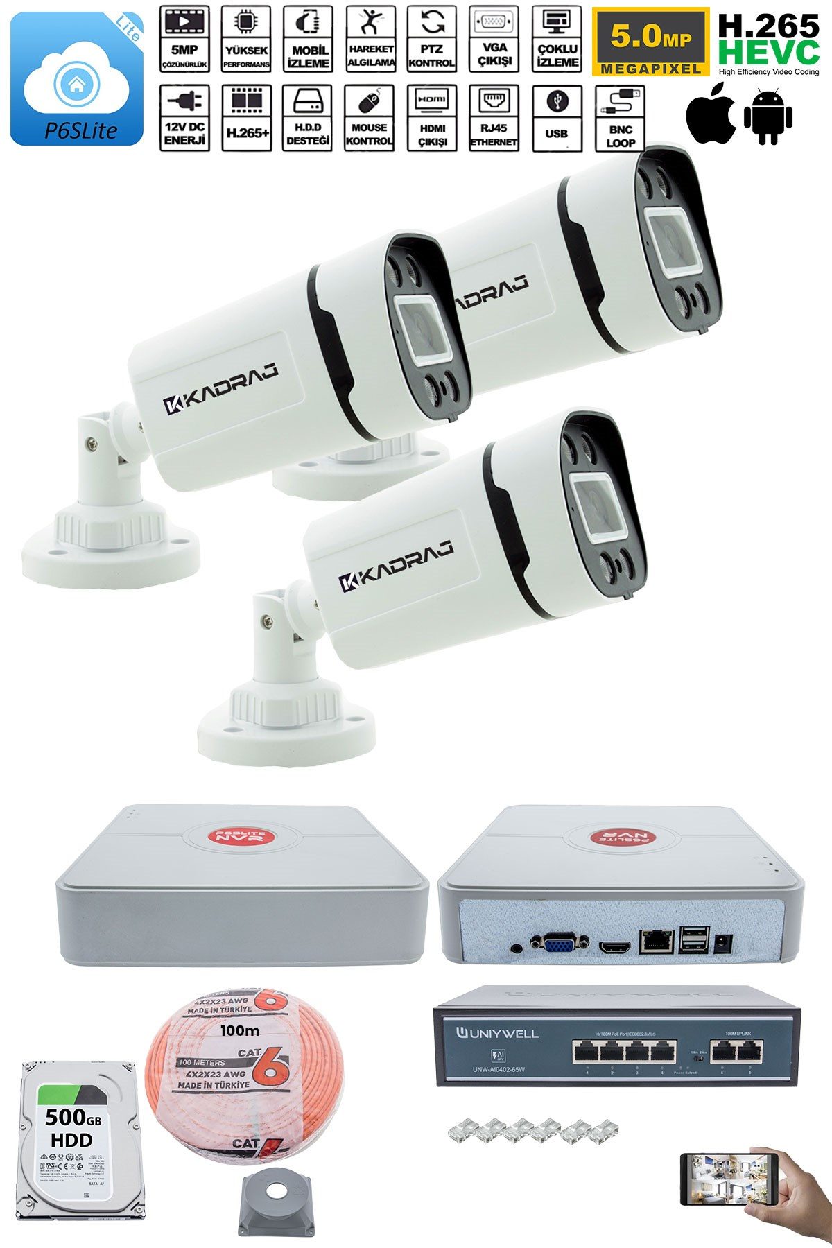 Kadraj 3'lü Güvenlik IP Kamera Seti - 4MP Dış Mekan Kamera H42, 3.6mm Lens, H.265, PoE, Warm IR Gece Görüşü, 9 Kanal NVR, 4 Port PoE Switch, 100 Metre CAT6 - görsel 2