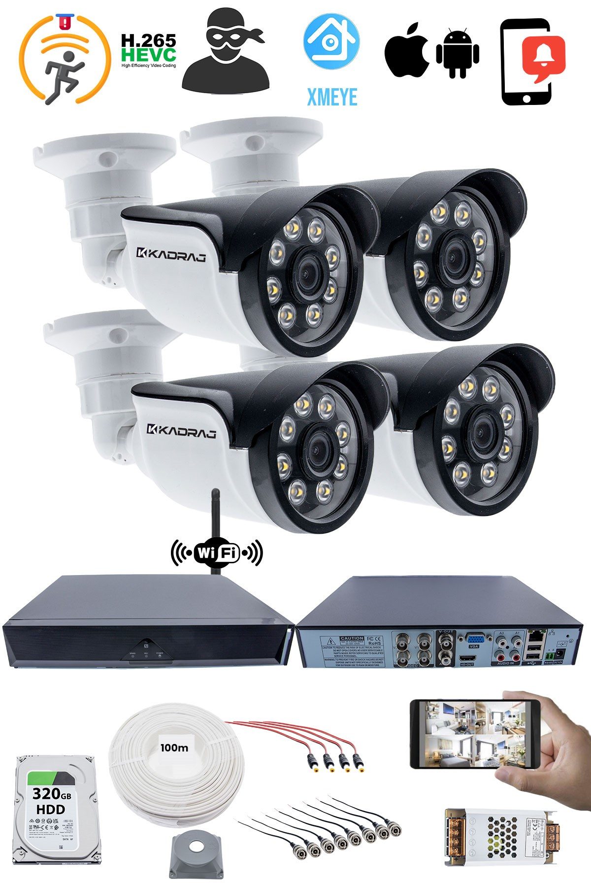 Kadraj 4 Güvenlik Kamera Seti - 5MP Sony SecuLens, 1080p Güvenlik Kamerası, 8 Warm LED, Colorvu Gece Renkli Görüş, Su Geçirmez, Full HD,V1 - görsel 2