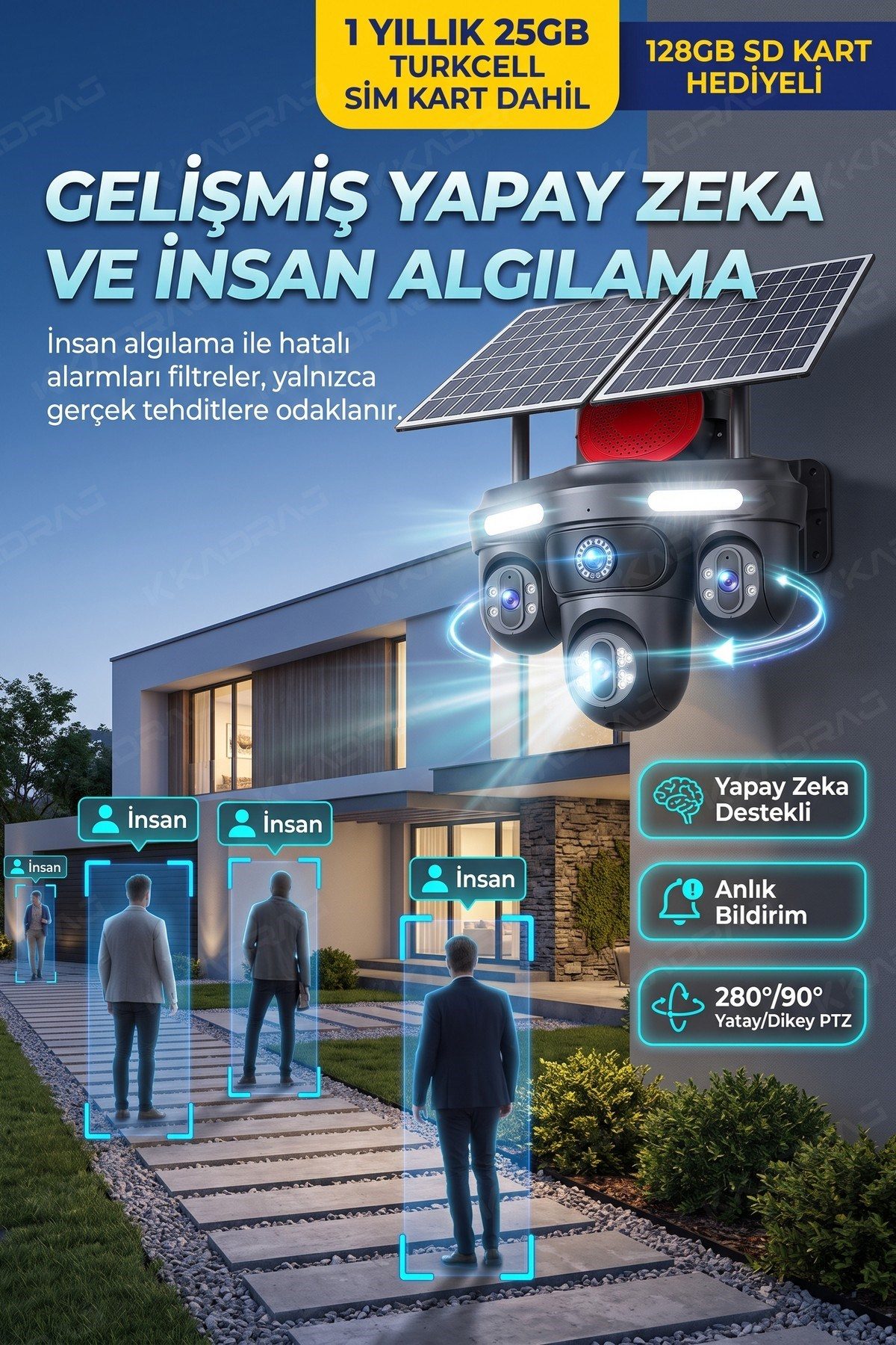 Kadraj 4 KAMERA - 3 PTZ OTOMATIK + 2 SOLAR PANEL - 4G + eSIM - 25GB TURKCELL - 128GB SD KART + AI + X99TC25 - görsel 7