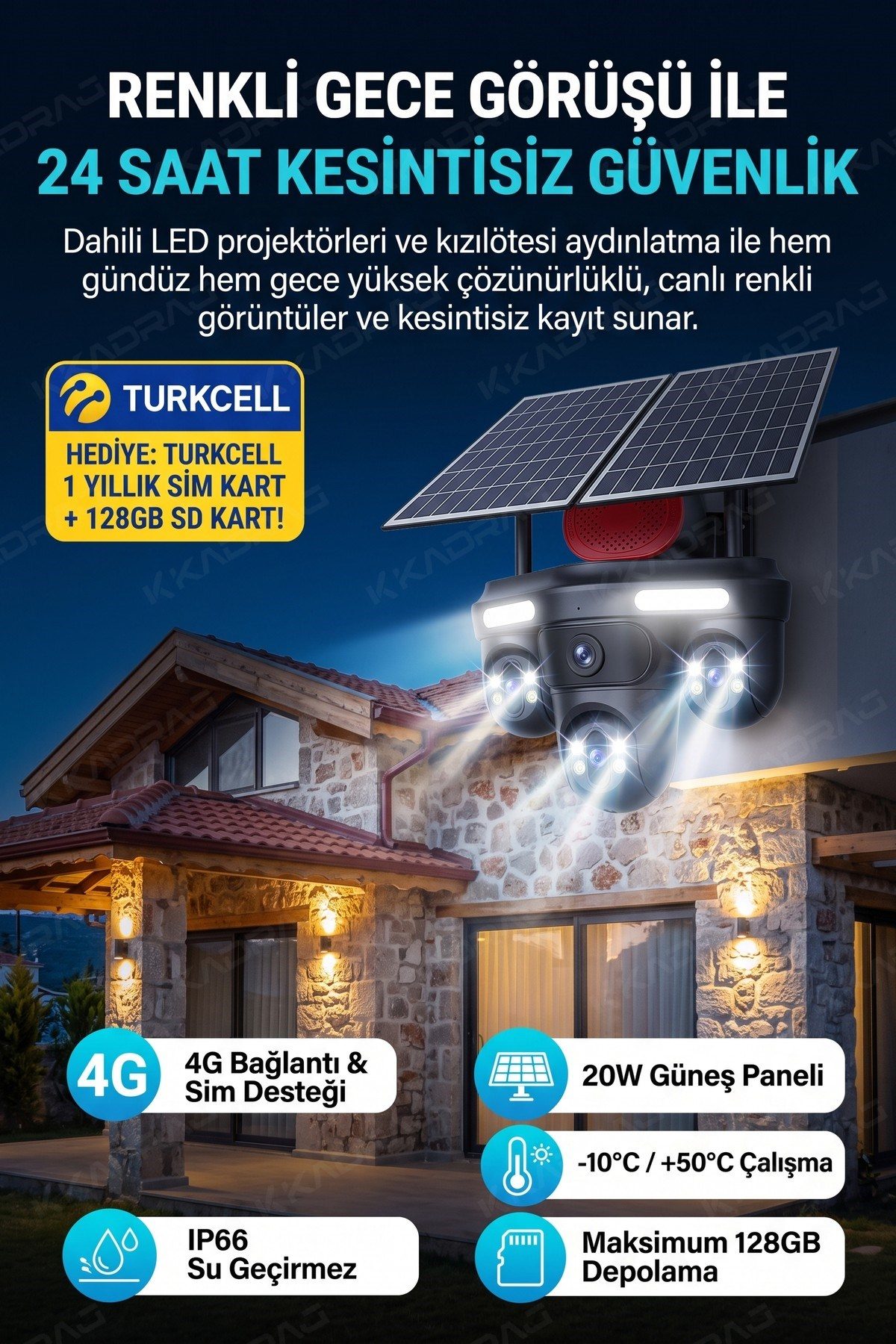 Kadraj 4 KAMERA - 3 PTZ OTOMATIK + 2 SOLAR PANEL - 4G + eSIM - 25GB TURKCELL - 128GB SD KART + AI + X99TC25 - görsel 3