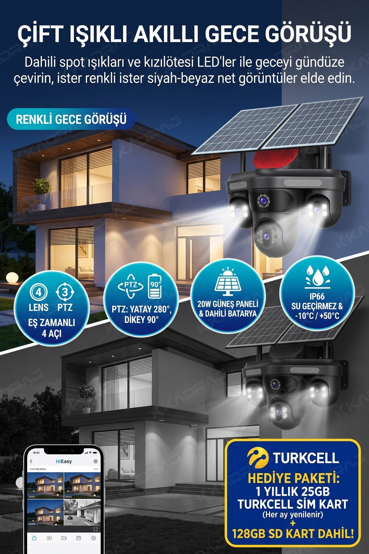 Kadraj 4 KAMERA - 3 PTZ OTOMATIK + 2 SOLAR PANEL - 4G + eSIM - 25GB TURKCELL - 128GB SD KART + AI + X99TC25 - görsel 9