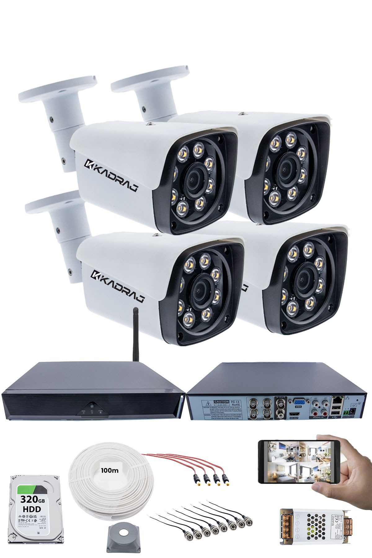 Kadraj 4 Kamera Kadraj Güvenlik Seti - 5MP Sony SecuLens, 1080p HD AHD, Gece Görüşü, 8 Ultra Warm LED, Colorvu Teknolojisi, V1