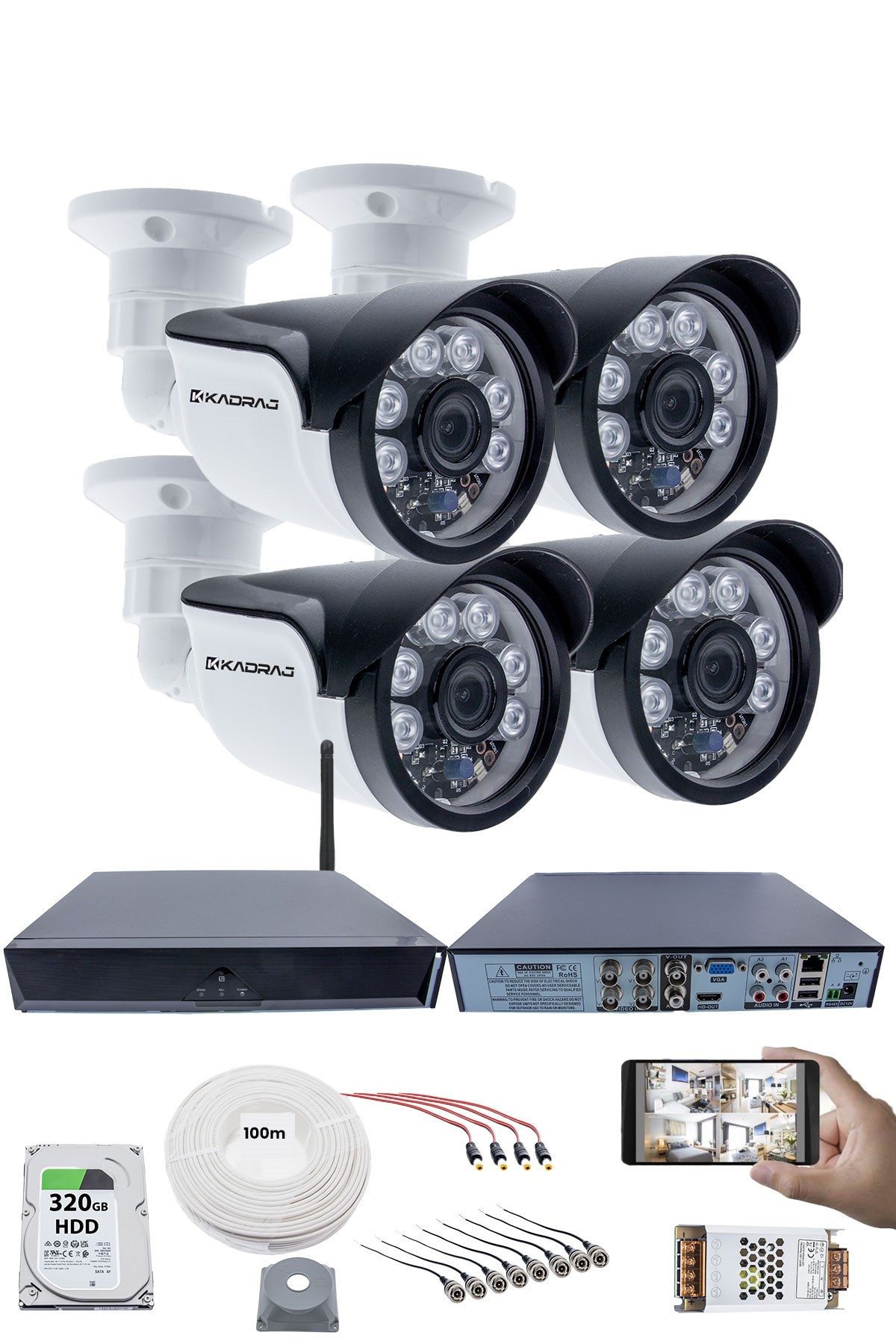 Kadraj 4 Kamera Seti - 5MP Full HD Güvenlik Kamerası, 1080p, 6 Atom LED Gece Görüşü, Su Geçirmez, Plastik Kasa, V1 - görsel 2