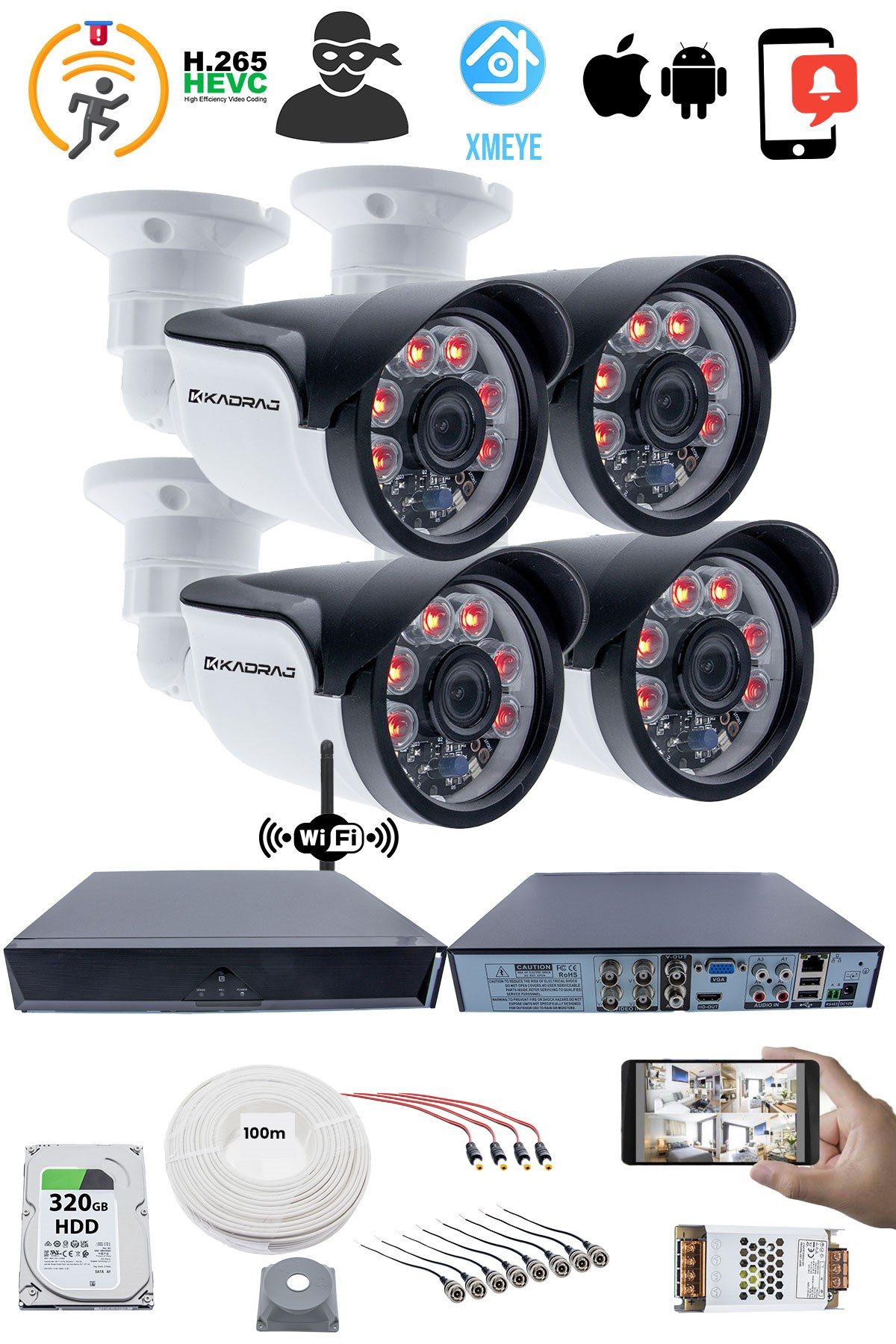 Kadraj 4 Kamera Seti - 5MP Full HD Güvenlik Kamerası, 1080p, 6 Atom LED Gece Görüşü, Su Geçirmez, Plastik Kasa, V1 - görsel 3