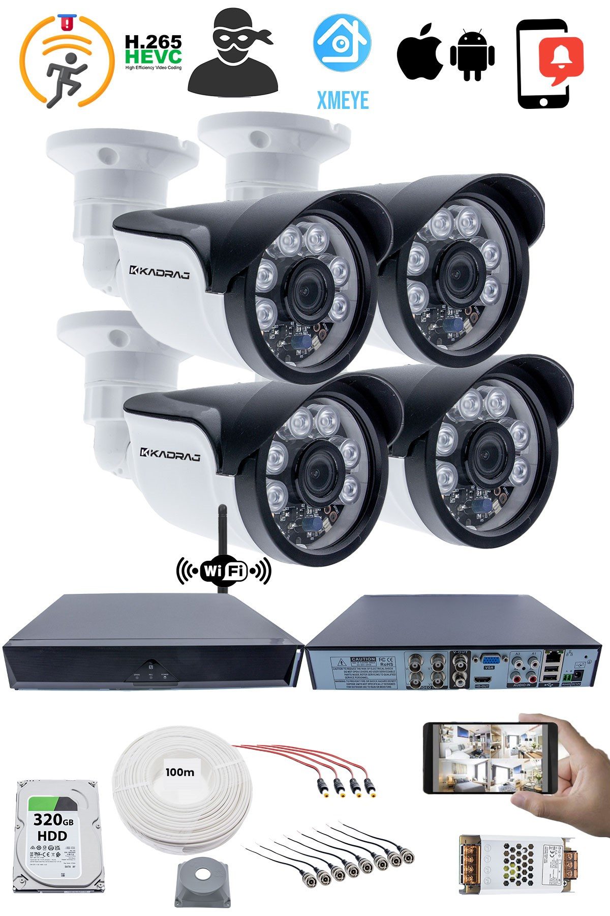 Kadraj 4 Kamera Seti - 5MP Full HD Güvenlik Kamerası, 1080p, 6 Atom LED Gece Görüşü, Su Geçirmez, Plastik Kasa, V1 - görsel 4