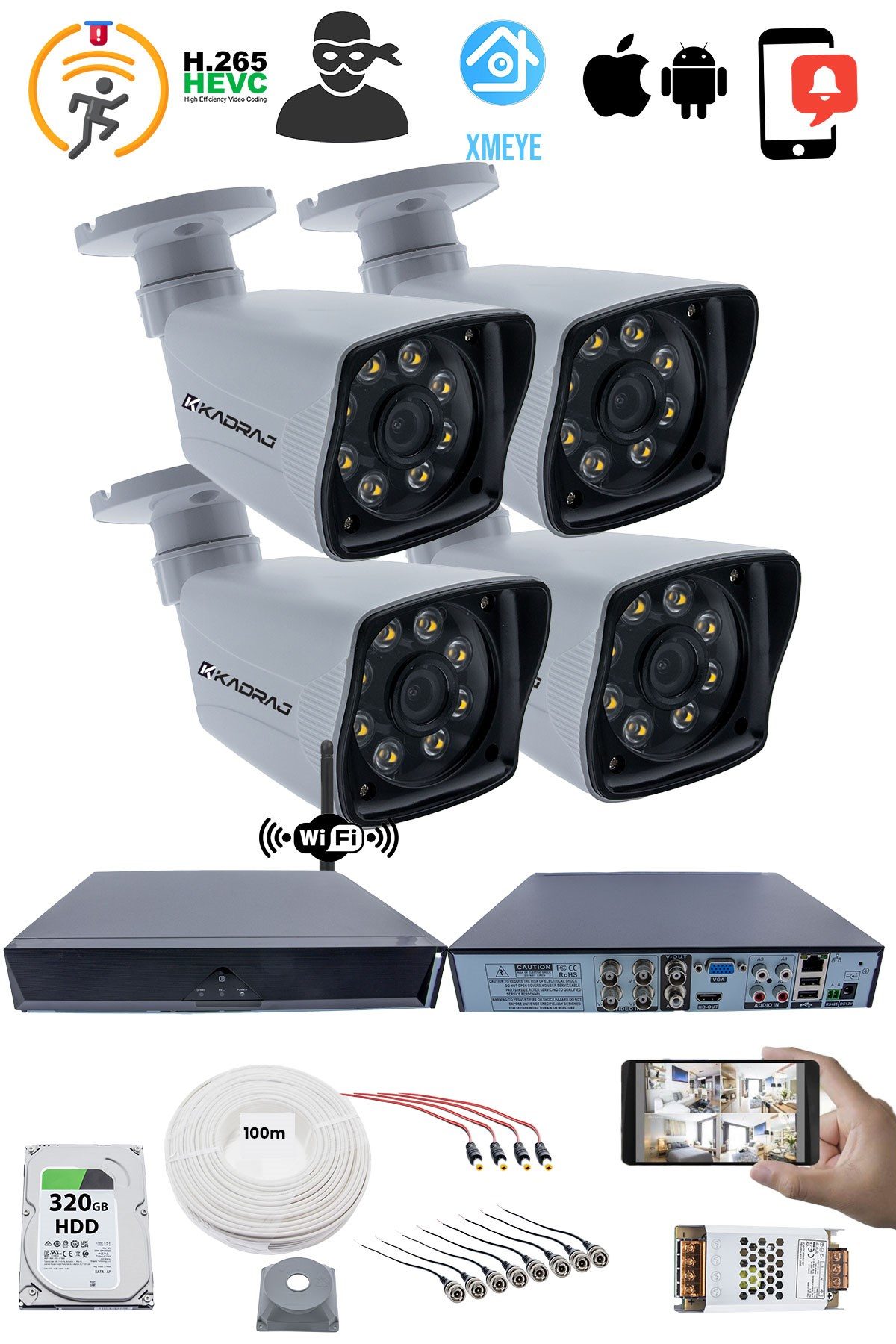 Kadraj 4 Kamera Seti - 5MP Sony SecuLens, 1080p Full HD AHD Güvenlik Kamerası, Gece Görüşü, 8 Ultra Warm LED, Colorvu Teknolojisi, Plastik Kasa, V1 - görsel 2
