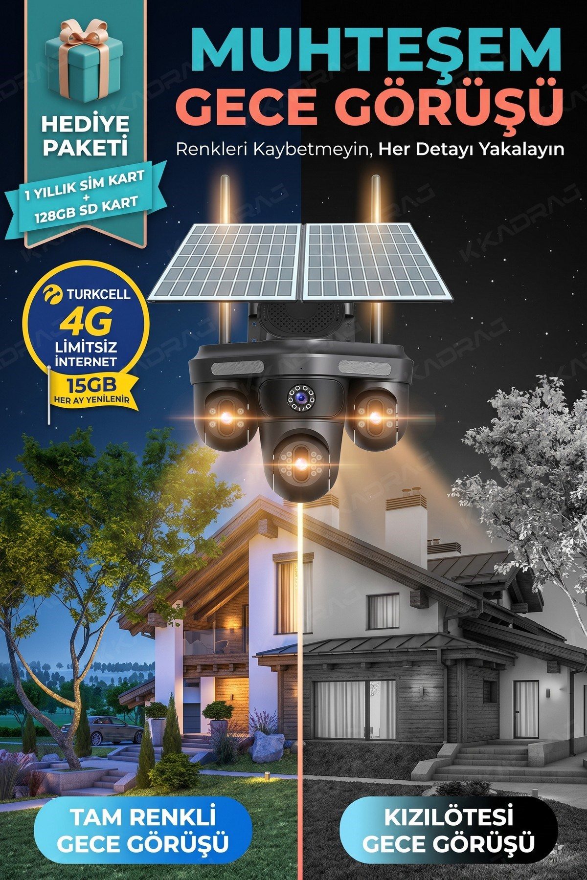 Kadraj 4 Kameralı 3 Otomatik PTZ Hareketli Kamera, 4G - e-Sim , 2 Solar Panelli, Yüksek Sesli Alarm, x99 tc15 - görsel 5