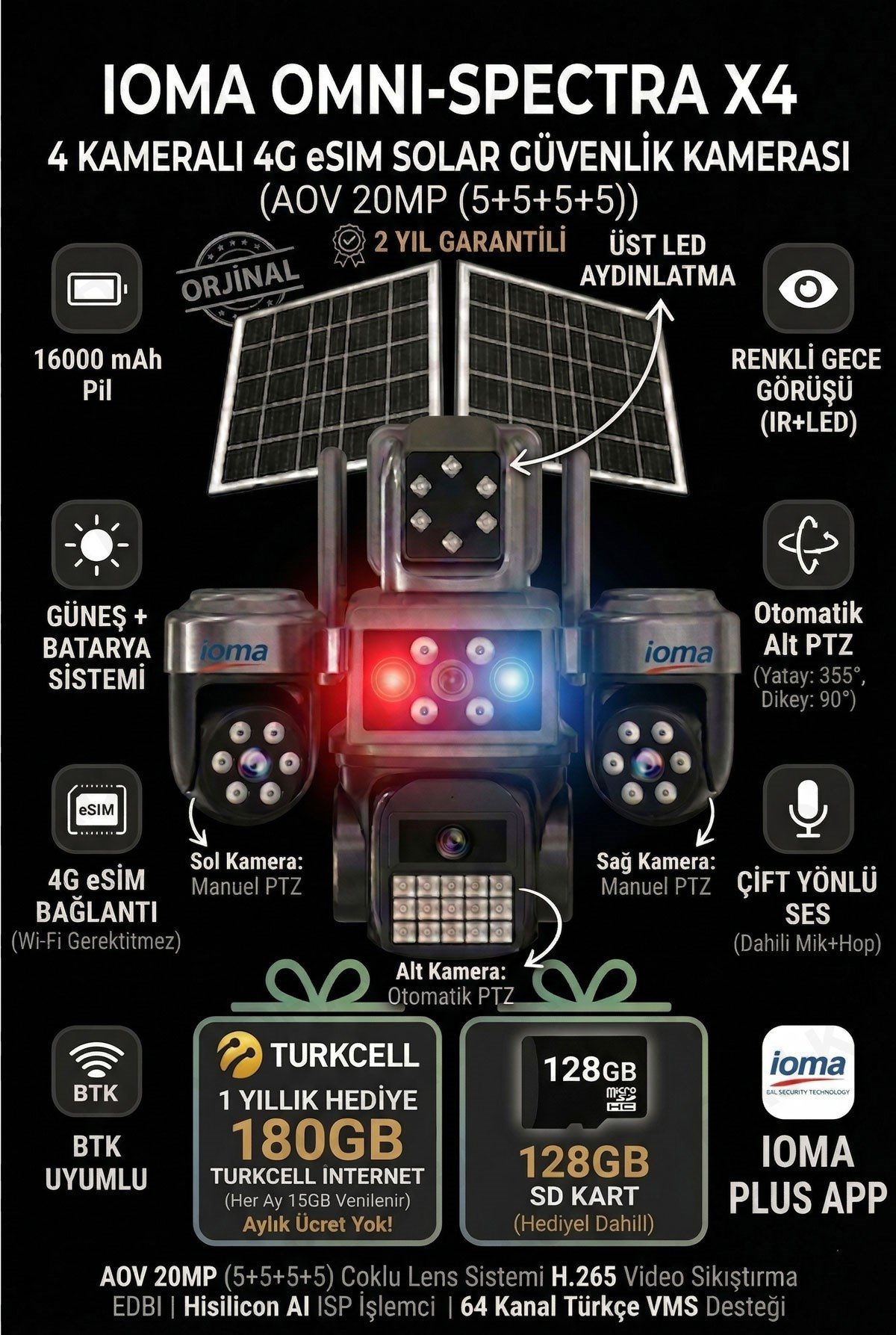 IOMA 4 Kameralı, 4G Sim Kartlı, Yıllık 180GB Turkcell İnternet ve 128GB SD Kart Dahil, Çakarlı, Sirenli 2 Solar Panel