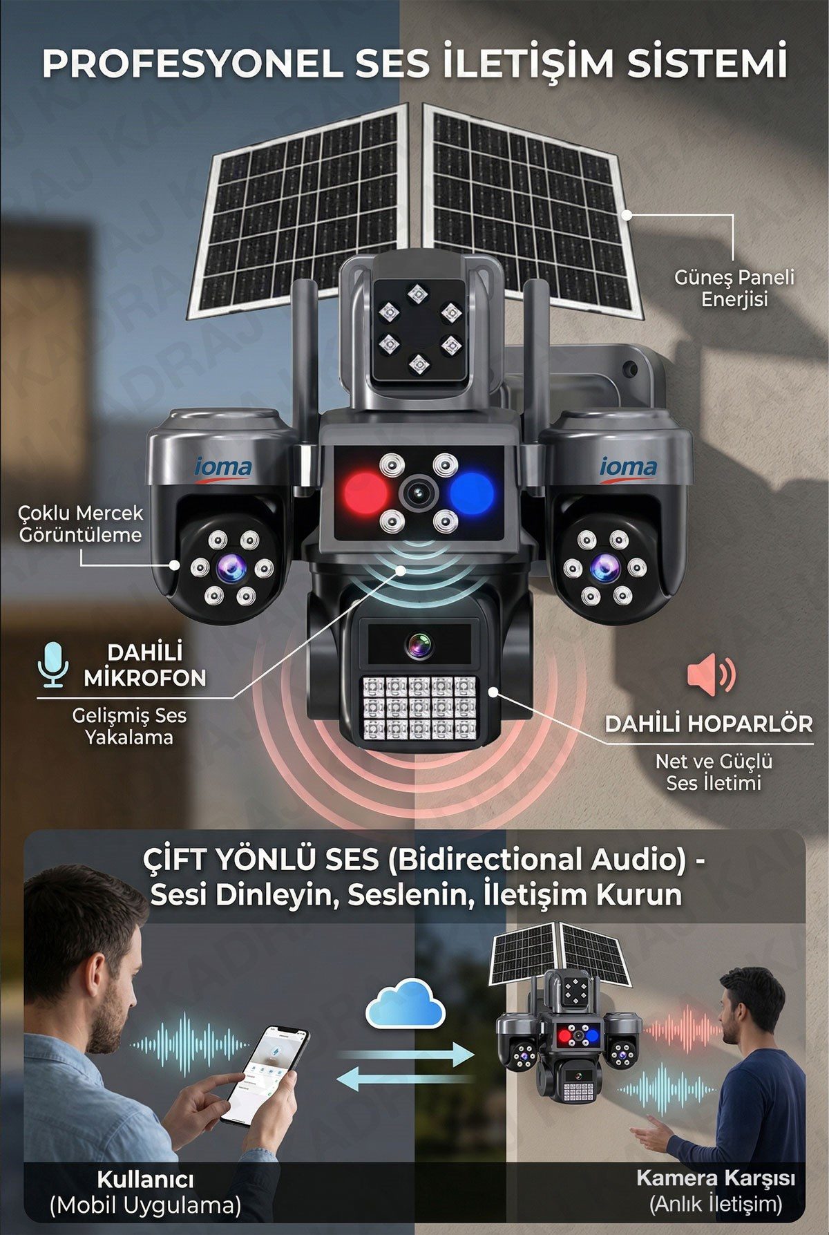 IOMA 4 Kameralı, 4G Sim Kartlı, Yıllık 180GB Turkcell İnternet ve 128GB SD Kart Dahil, Çakarlı, Sirenli 2 Solar Panel - görsel 4