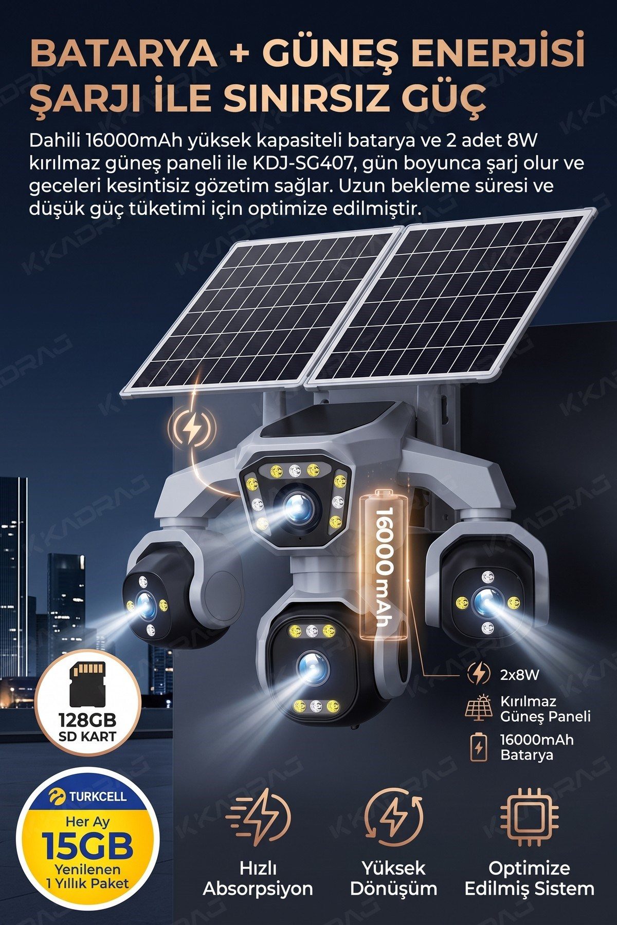 Kadraj 4 Kameralı - Güneş Enerjili + 16000 Mah. + E- Sim Destekli + 20MP Güvenlik Kamerası Yapay Zeka TC15 - görsel 2