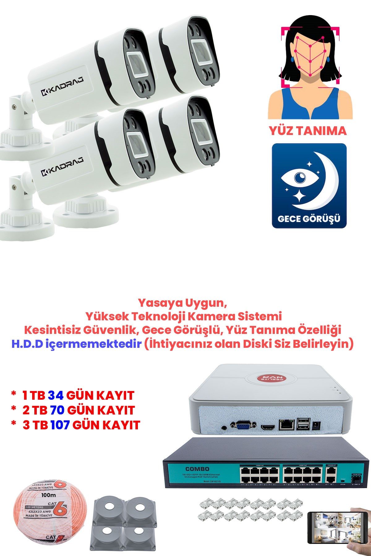 Kadraj 4 Kameralı Güvenlik IP Kamera Seti - 4MP Dış Mekan Kamera, H.265+, PoE Switch, Gece Renkli Görüş, 9 Kanal NVR, DISK (H.D.D) ICERMEZ - görsel 5