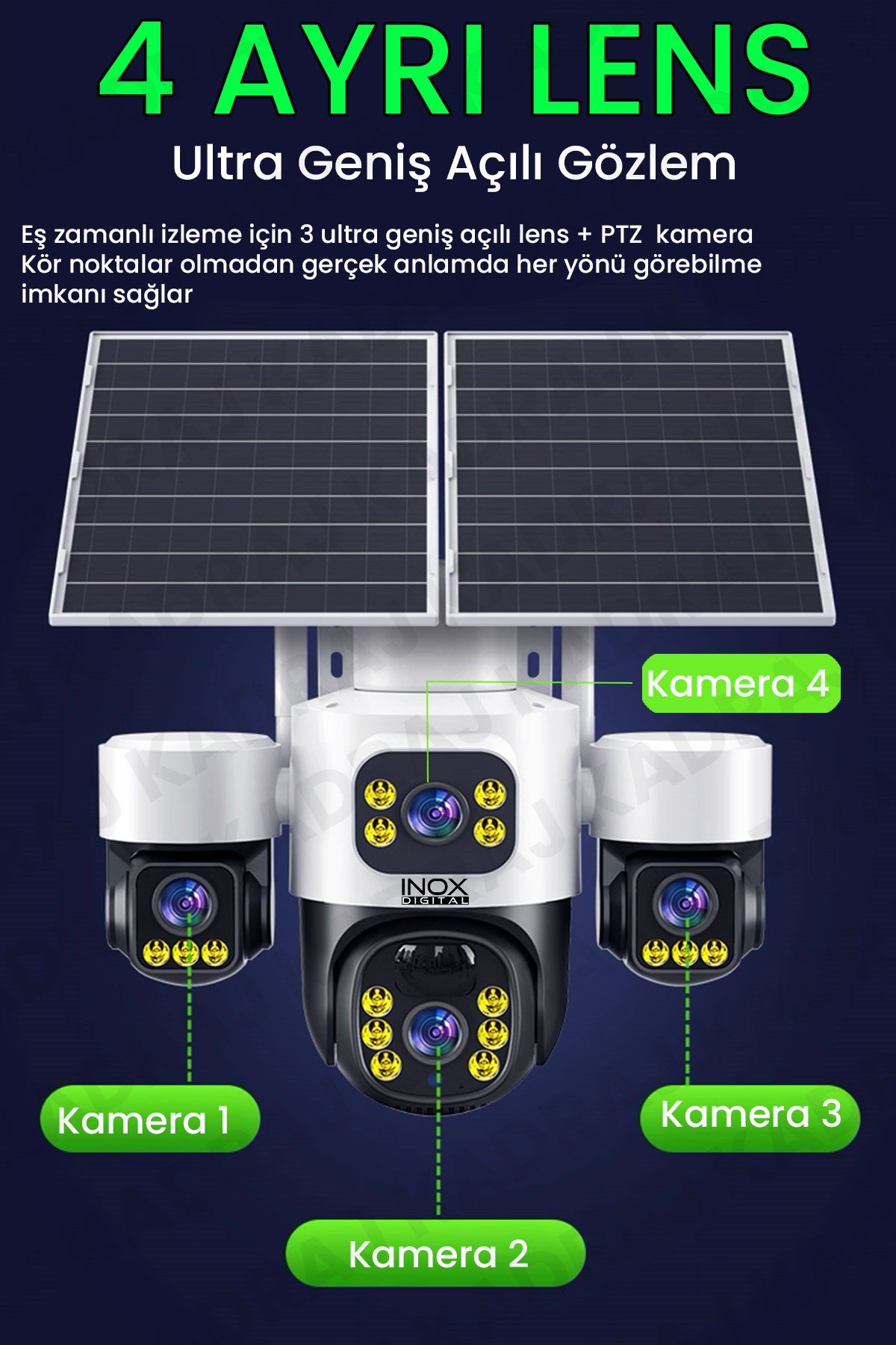 Kadraj 4 Kameralı INOX modeli , 4G + e-Sim, 2 Solar Panelli, Uzaktan izleme , Hareket Takip , Alarm , Sesli Konuşma, 16000 Mah Batarya - görsel 3