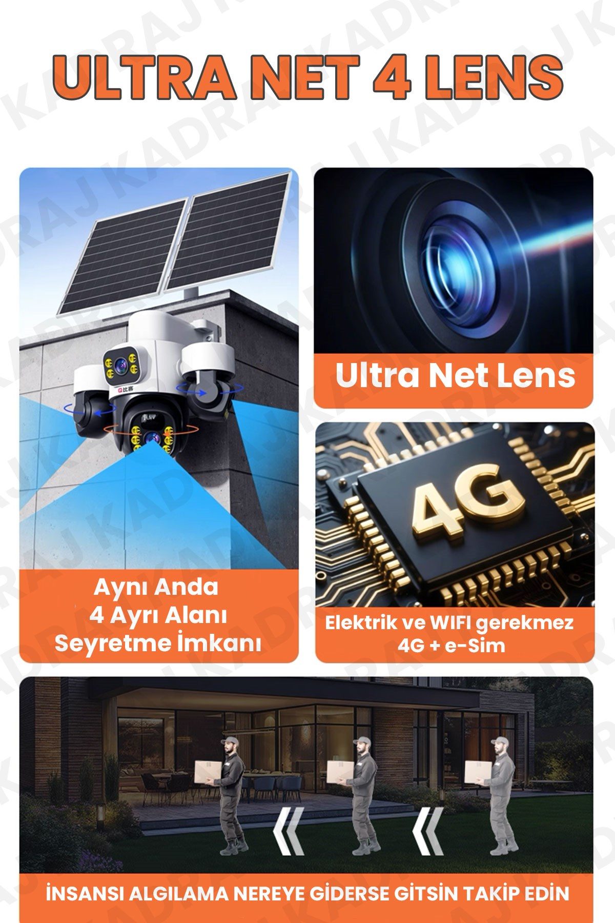 Kadraj 4 Kameralı INOX modeli , 4G + e-Sim, 2 Solar Panelli, Uzaktan izleme , Hareket Takip , Alarm , Sesli Konuşma, 16000 Mah Batarya - görsel 4
