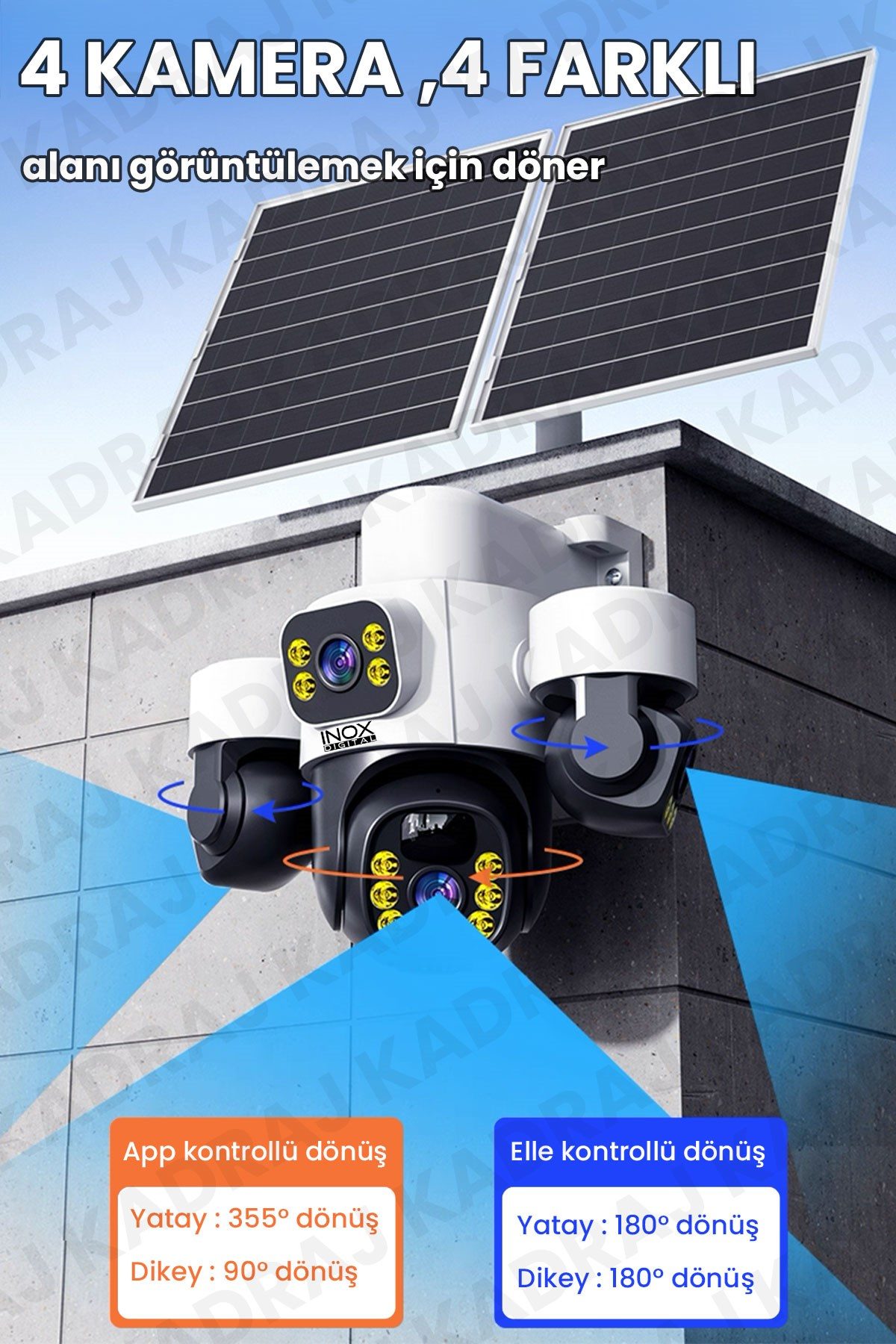 Kadraj 4 Kameralı INOX modeli , 4G + e-Sim, 2 Solar Panelli, Uzaktan izleme , Hareket Takip , Alarm , Sesli Konuşma, 16000 Mah Batarya - görsel 2