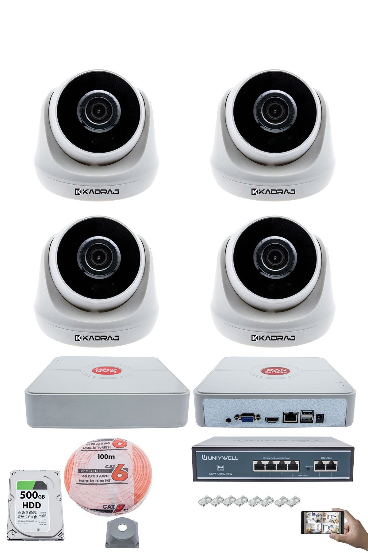 Kadraj 4 Kameralı IP Dome Güvenlik Kamerası Seti | 4MP Ultra HD, 30m Gece Görüş, Ses Alma, Uzaktan İzleme