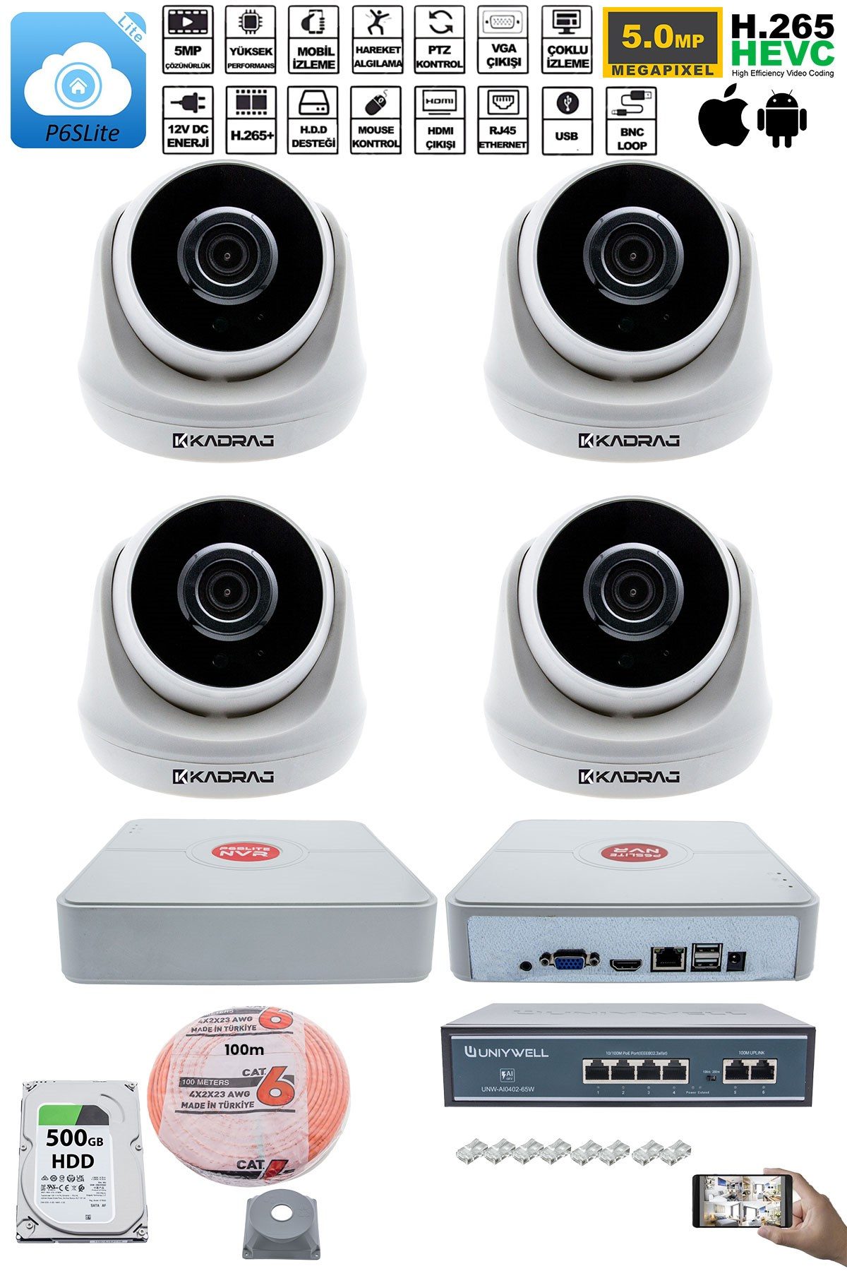 Kadraj 4 Kameralı IP Dome Güvenlik Kamerası Seti | 4MP Ultra HD, 30m Gece Görüş, Ses Alma, Uzaktan İzleme - görsel 2