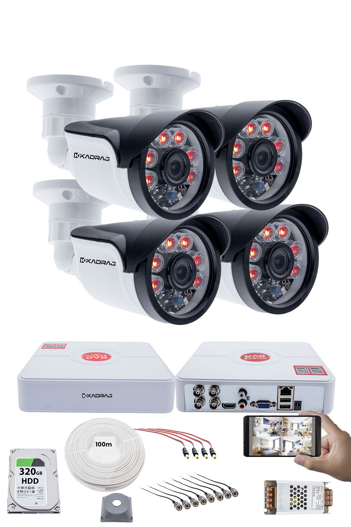 Kadraj 4 Kameralı Set 5MP Full HD Güvenlik Kamerası Seti - 1080p 6 Atom Led Gece Görüşlü Su Geçirmez Plastik Kasa Full HD Güvenlik Kamerası