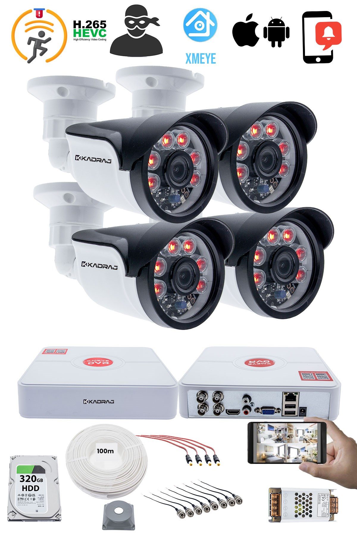 Kadraj 4 Kameralı Set 5MP Full HD Güvenlik Kamerası Seti - 1080p 6 Atom Led Gece Görüşlü Su Geçirmez Plastik Kasa Full HD Güvenlik Kamerası - görsel 2