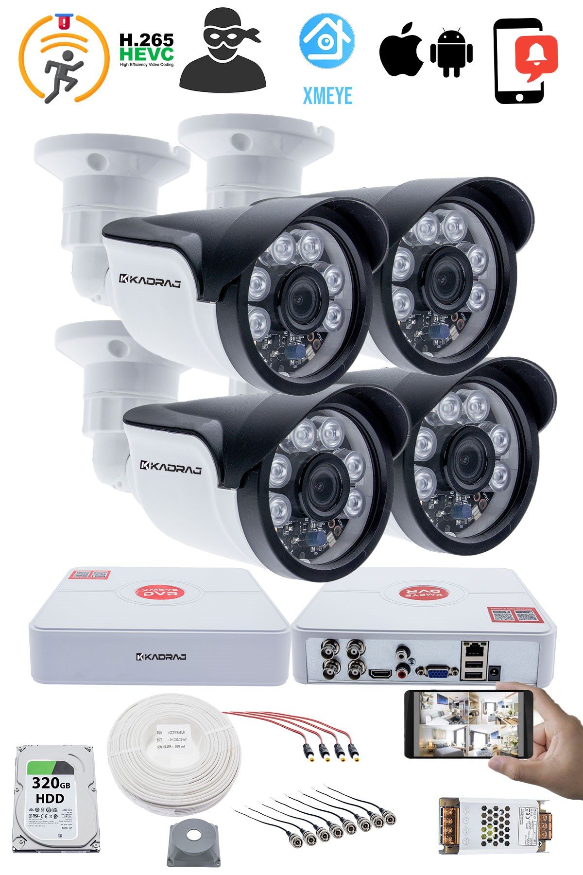 Kadraj 4 Kameralı Set 5MP Full HD Güvenlik Kamerası Seti - 1080p 6 Atom Led Gece Görüşlü Su Geçirmez Plastik Kasa Full HD Güvenlik Kamerası - görsel 3