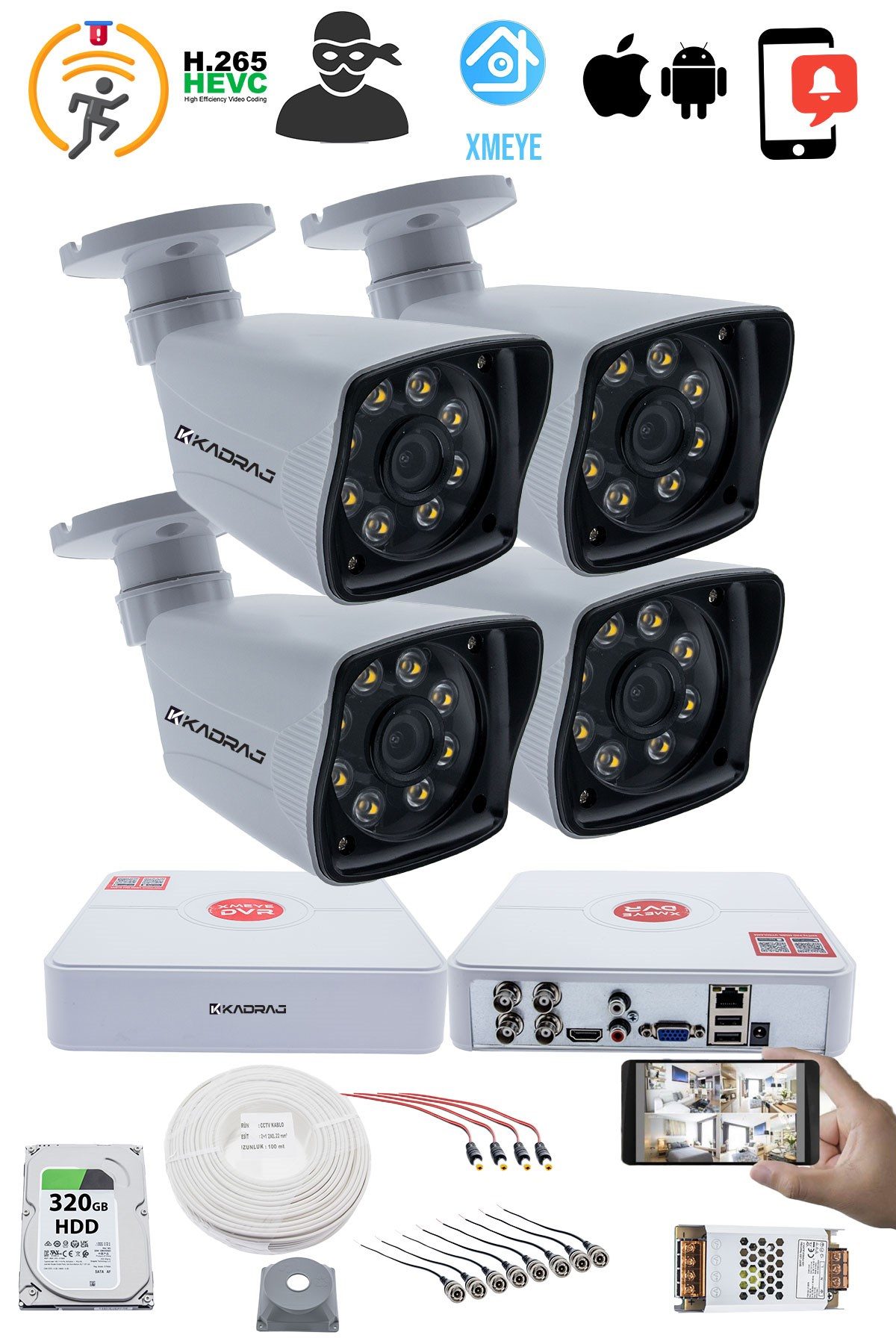 Kadraj 4 Kameralı Set 5MP Sony SecuLensli 1080p Full HD AHD Güvenlik Kamerası Seti - Gece Görüşlü, 8 Ultra Warm Led, Colorvu Teknolojisi, Plastik Kasa - görsel 2