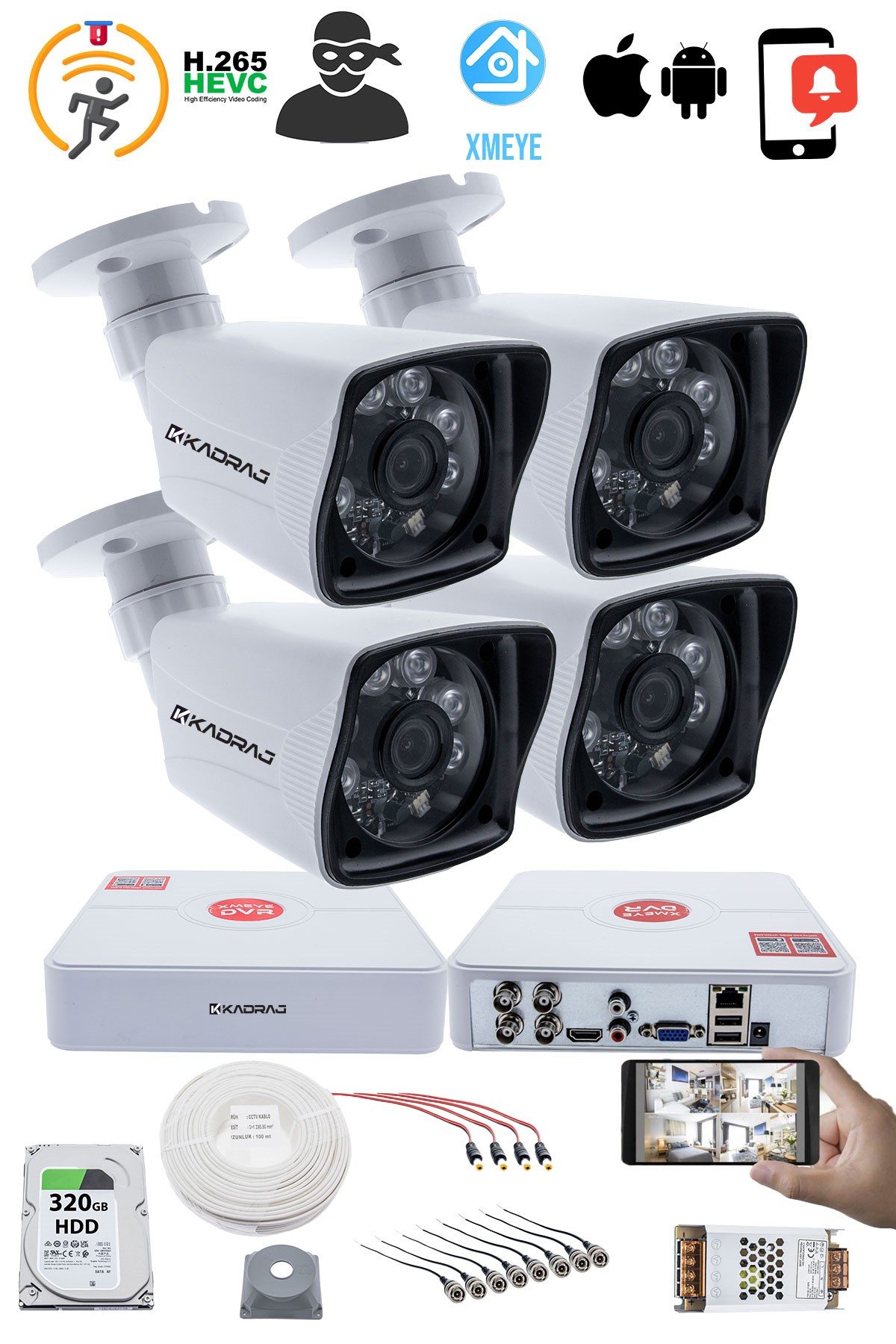Kadraj 4 Kameralı Set 5MP Sony SecuLensli 1080P Full HD AHD Güvenlik Kamerası Seti - Gece Görüş, 6 Atom LED, Su Geçirmez, Kolay Montaj - görsel 2